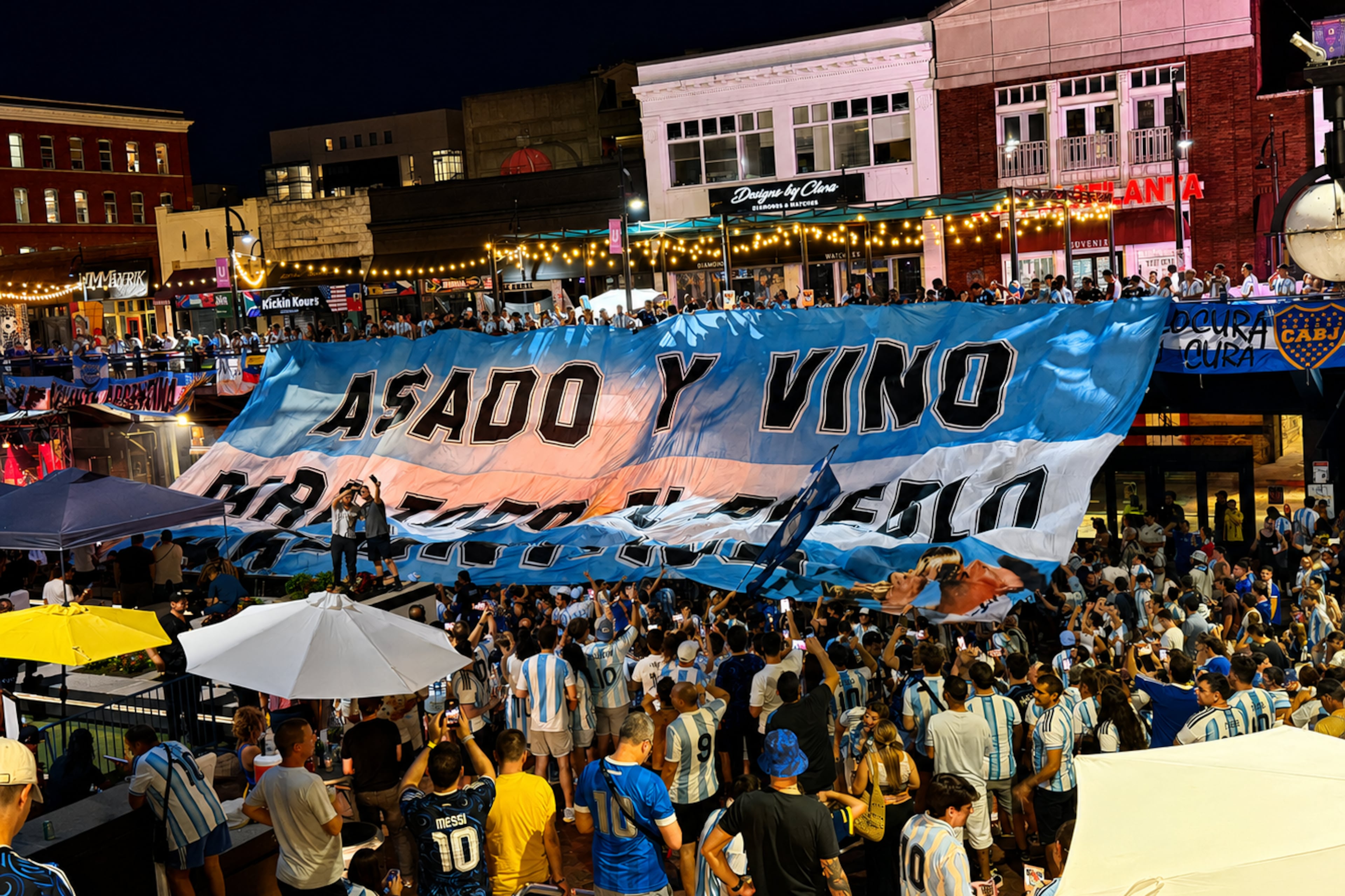 Fans of Argentina's soccer team show their support as the team prepares to take on England Wednesday in a World Cup semifinal in Atlanta. (Courtesy of Underground Atlanta)