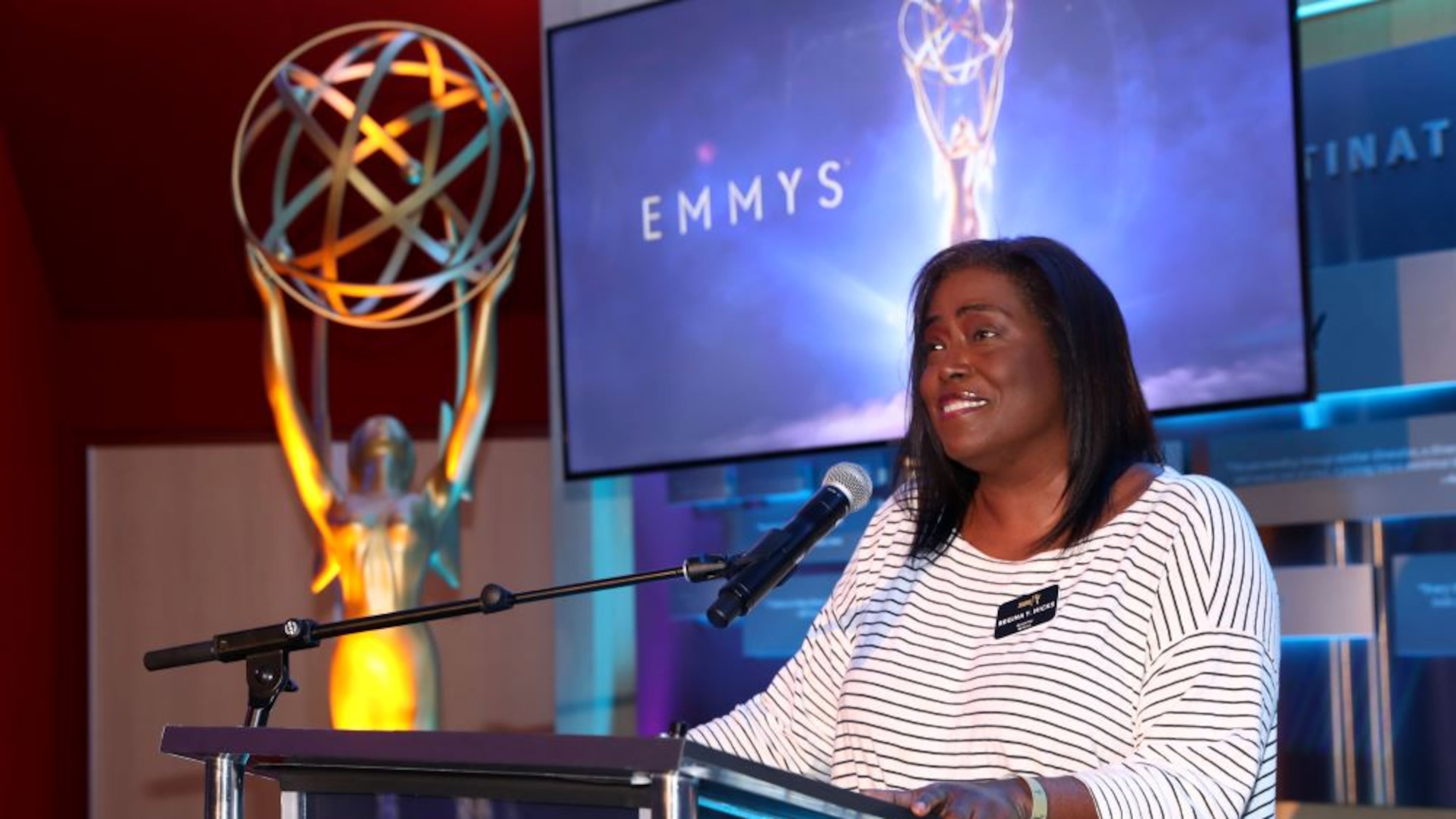 Television Academy Governor Regina Y. Hicks speaks at the 2018 Writers Nominee Reception at the Television Academy’s Saban Media Center in North Hollywood, California. Hicks is co-creator and showrunner for the Netflix show "The Upshaws." (Invision for Television Academy/AP 2018)