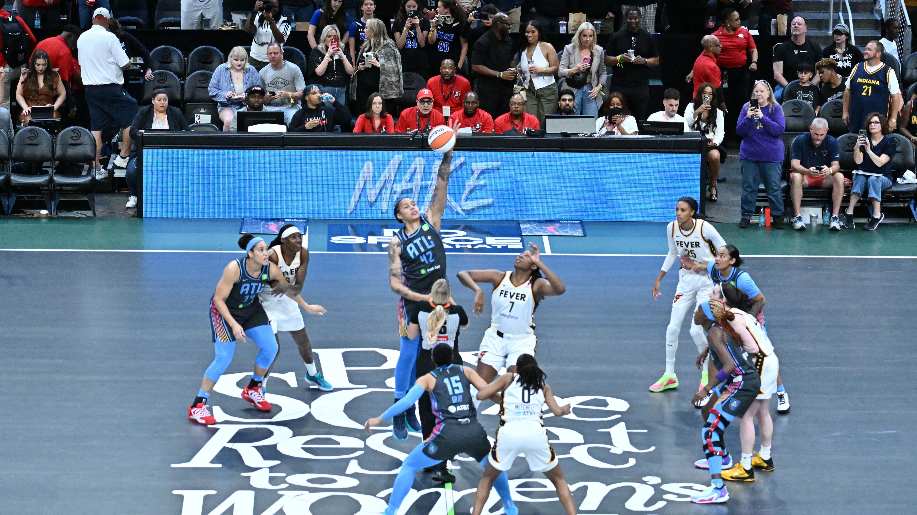 The Dream and Cash App partnered with streetwear brand Playa Society to conceptualize and design the first-of-its-kind WNBA statement court, which will have the phrase “Pay Some Respect to Women’s Sports” across center court for the Dream’s home opener at State Farm Arena, Thursday, May 22, 2025, in Atlanta. (Hyosub Shin / AJC)