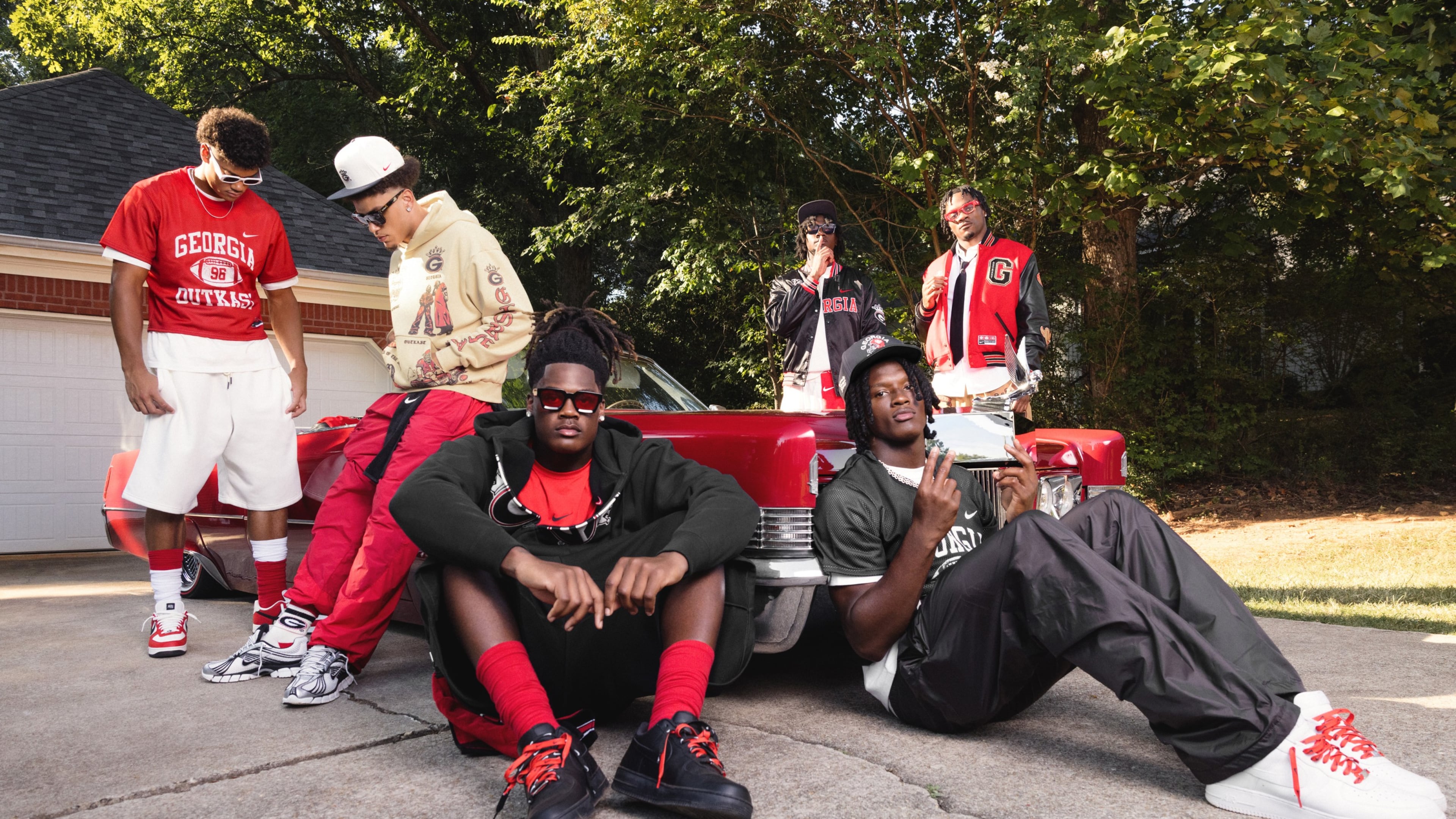 UGA football players with NIKE NIL deals (clockwise from back left) Kaiden Prothro, Ellis Robinson IV, KJ Bolden, Chris Cole, Elyiss Williams and Talyn Taylor show off the new Outkast U collection. (Courtesy of Nike)