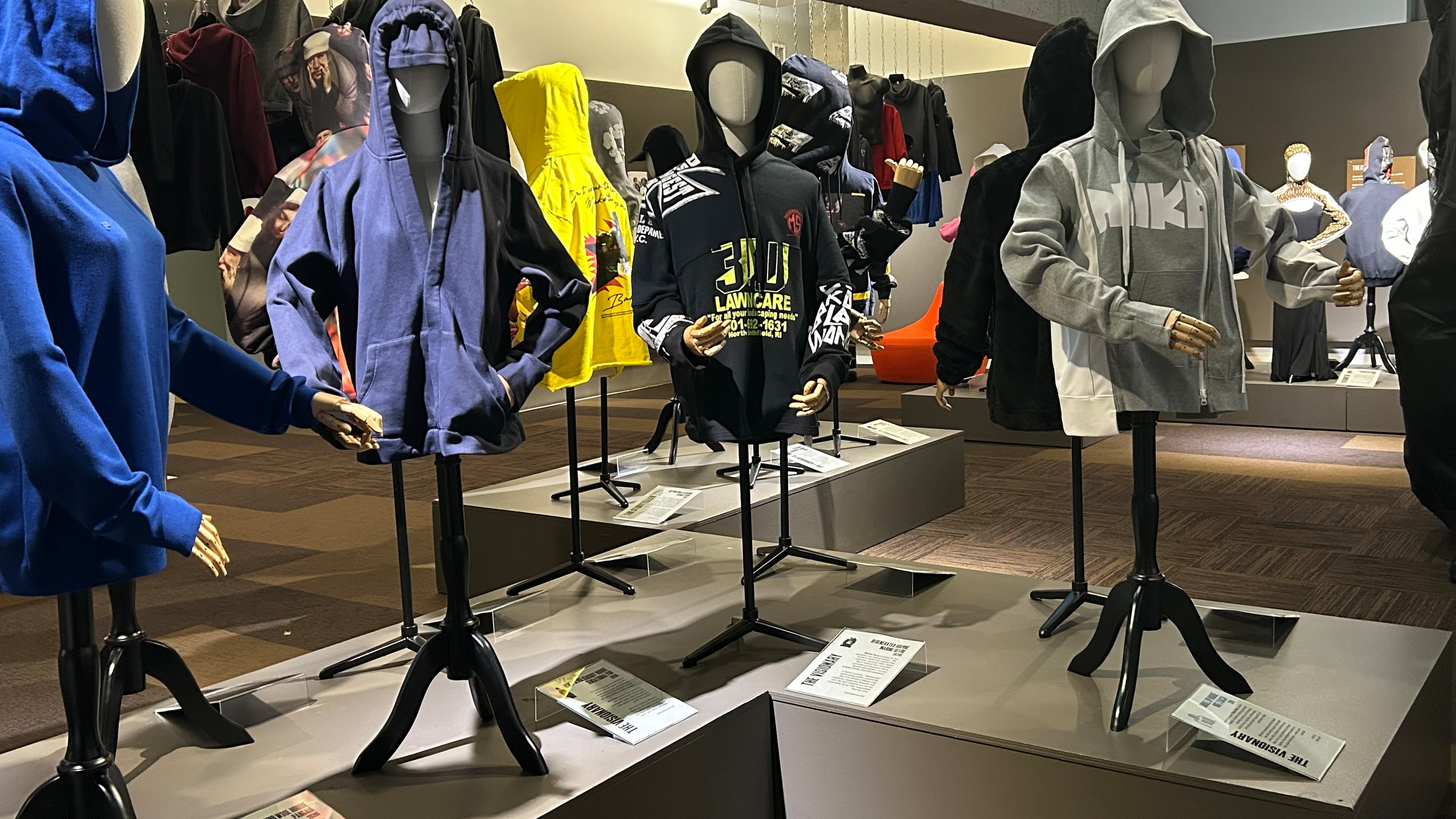 Mannequins display pieces from "The Hoodie," an exhibit at Museum of Design Atlanta opened to the public Oct. 30, 2025, showing through Feb. 2026. (Photo by Susan Sanders)