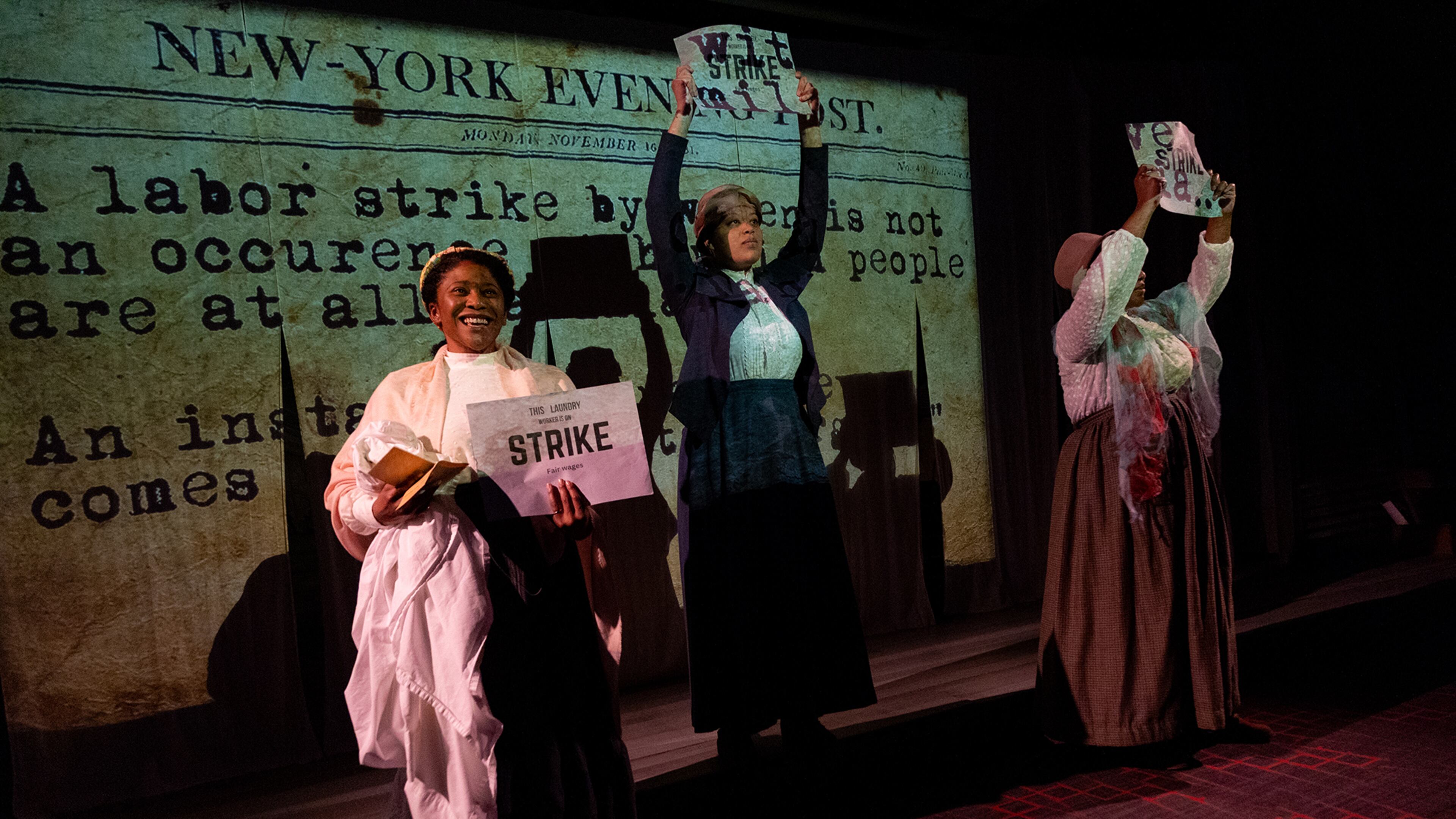 Jamila Turner, Kenedi Deal and Makallen Kelley play Atlanta washerwomen who go on strike in 1881 in the new play “The Wash” by Kelundra Smith. (Courtesy of Casey Gardner Ford)