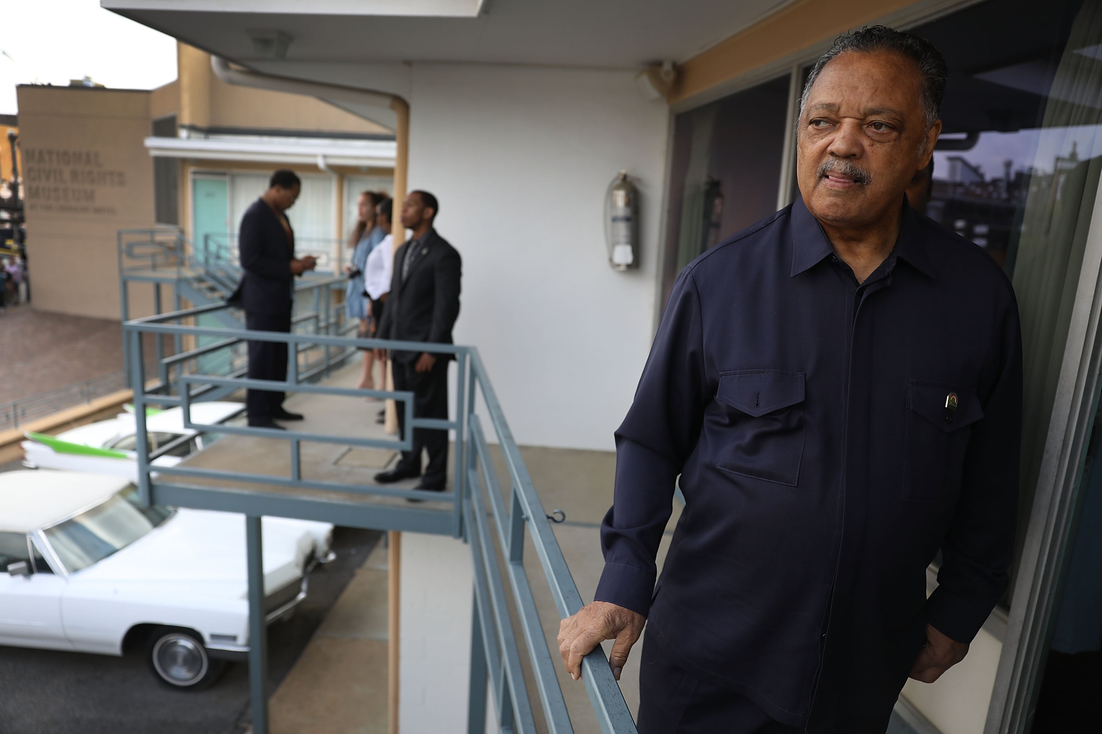Jackson visits the balcony outside room 306 at the Lorraine Motel, where he was when Dr. Martin Luther King, Jr. was assassinated, on April 3, 2018 in Memphis, Tenn. The motel is now part of the complex of the National Civil Rights Museum, which is commemorating the 50th anniversary of King's assassination on April 4, 1968. (Joe Raedle/Getty Images)