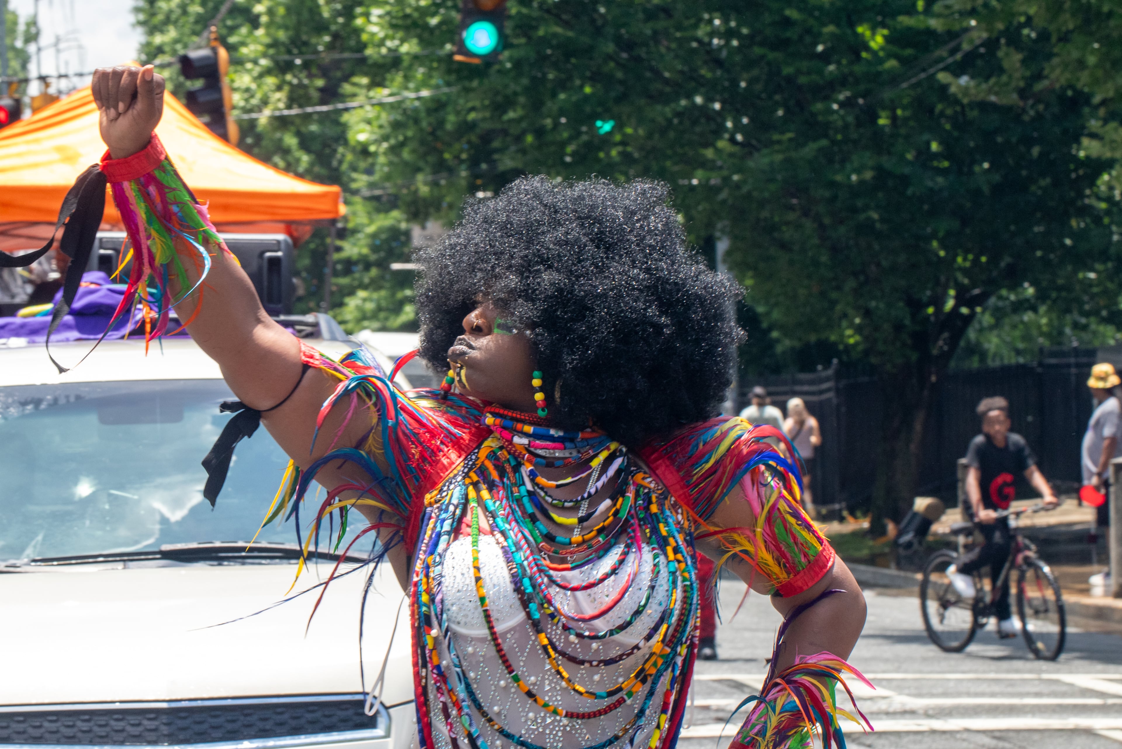 Coffee Rice performs in the Juneteenth Parade on Monroe Drive in Atlanta on Saturday, June 14, 2025, on the way to Piedmont Park. (Jenni Girtman for The Atlanta Journal-Constitution)