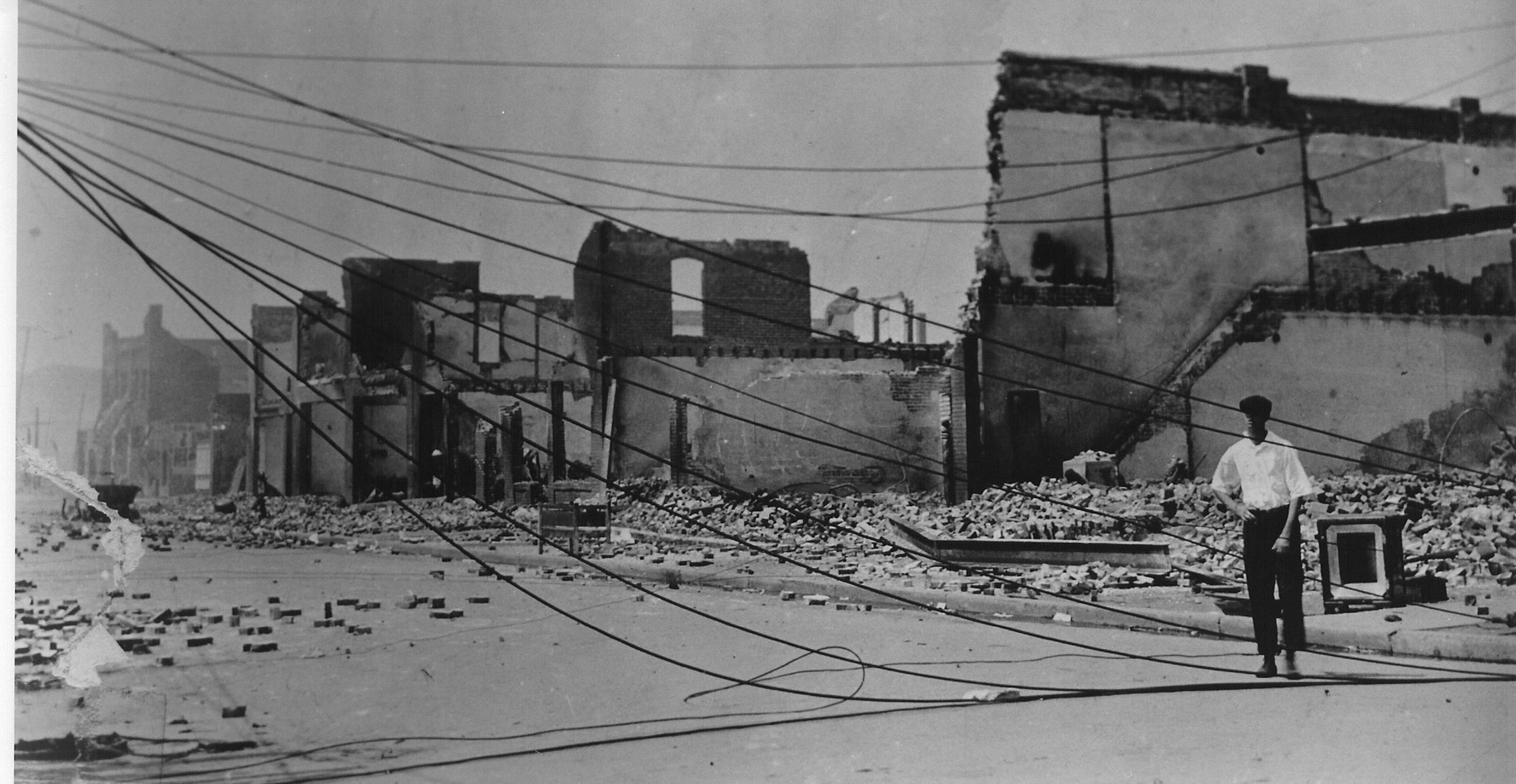 View of the destruction of the Greenwood District in Tulsa after the 1921 massacre. (Contributed by Greenwood Cultural Center)