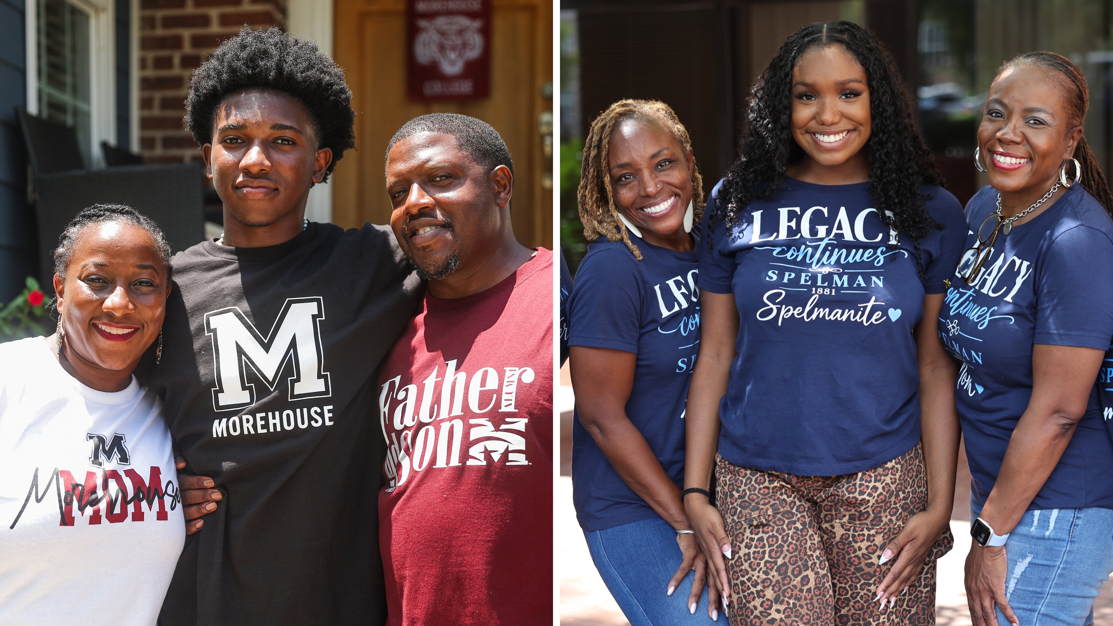 At left, first-year Morehouse student Evan Parker (center) poses with mother Keilani Parker (left) and father Sarquis Parker (right) at Evan’s graduation party outside of their Atlanta home on Sunday, Aug. 2, 2026. At right, first-year Spelman Brooke Spiva (center) poses with aunt Tenaya Watson (left) and mother Yolanda Watson Spiva (right) on Spiva’s move-in day at Spelman College on Aug. 11, 2026. (Abbey Cutrer/AJC; Arvin Temkar/AJC)