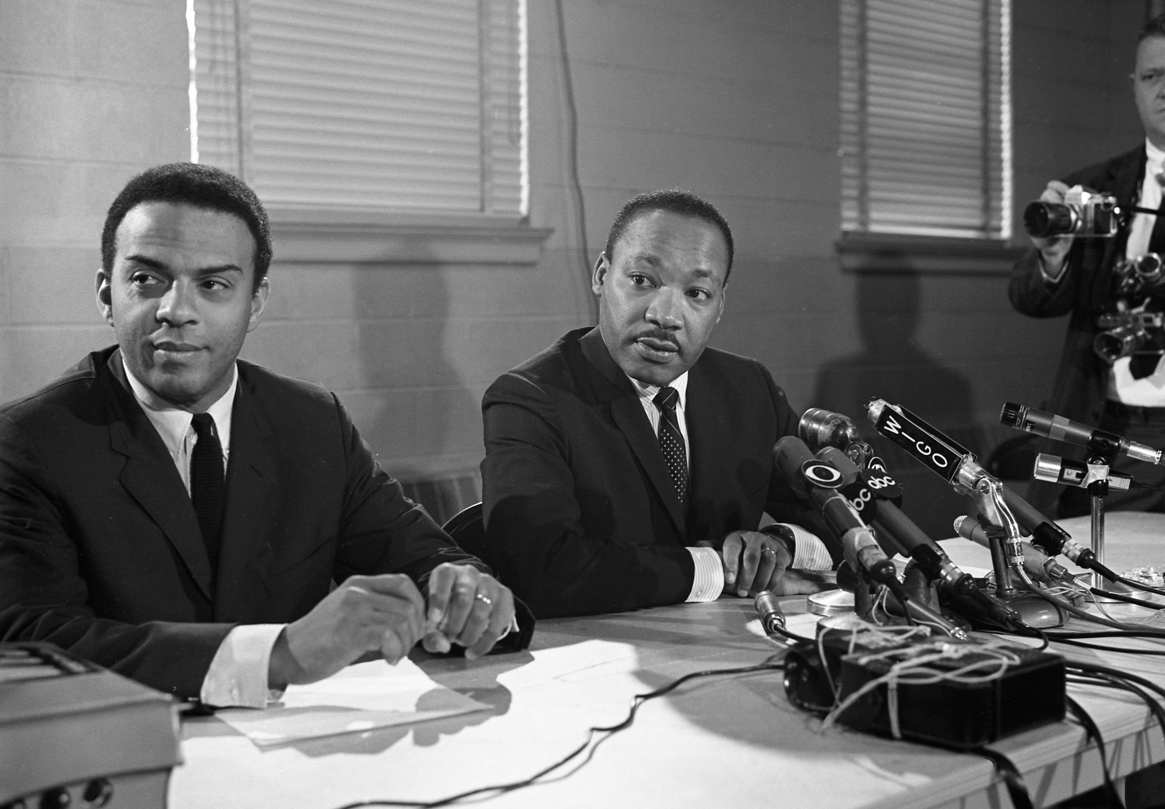 In 1961, Young joined the Atlanta-based Southern Christian Leadership Conference, where he quickly became one of Martin Luther King Jr.'s top lieutenants. Young organized leadership workshops and voter registration drives, becoming the SCLC's executive director in 1964. This photo is from a 1967 press conference. (Bob Dendy/AJC Archive at GSU Library AJCN160-097f)