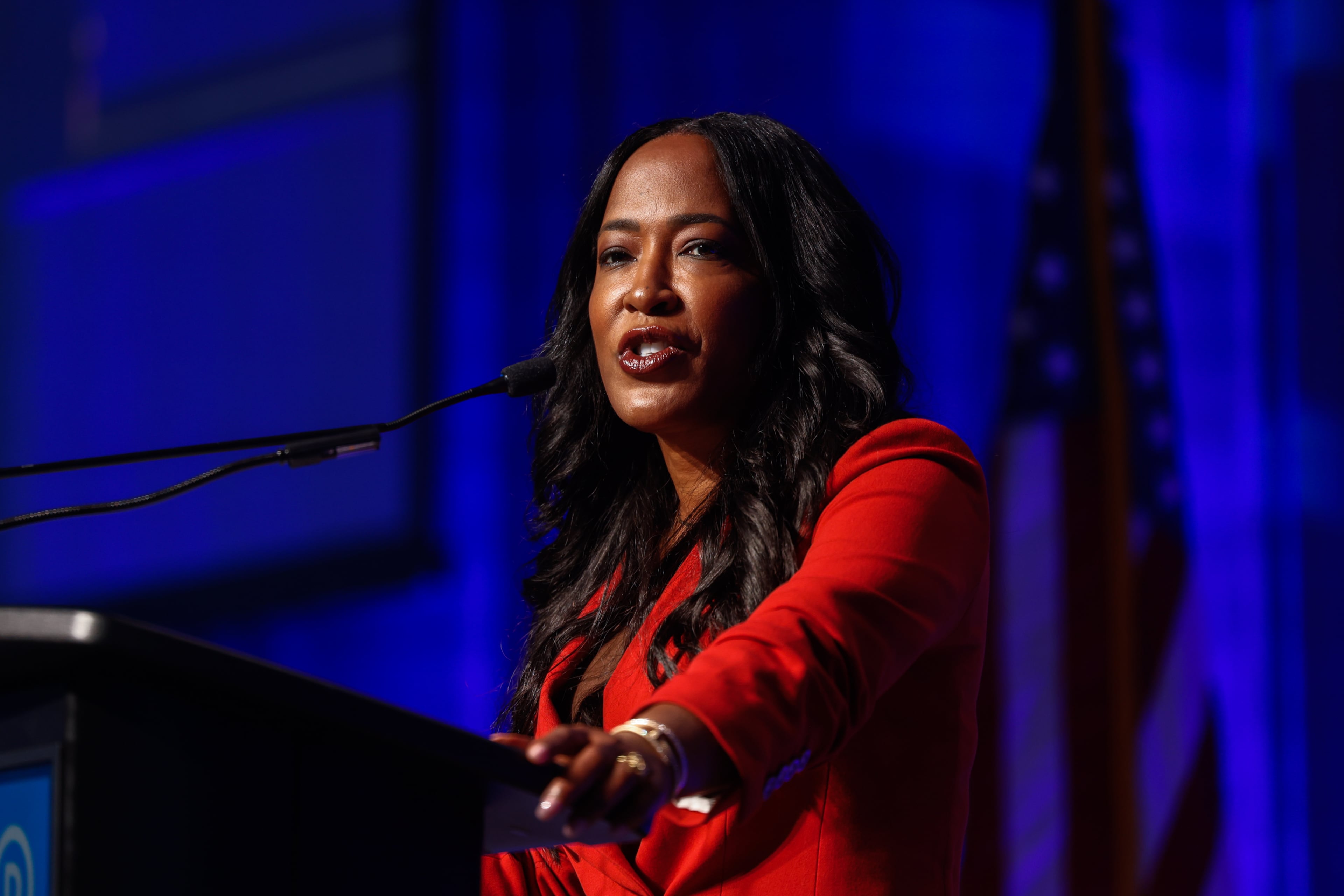 Democratic nominee for Attorney General Tanya Miller speaks at the Democratic Party of Georgia state convention in Savannah in August. (Arvin Temkar/AJC)
