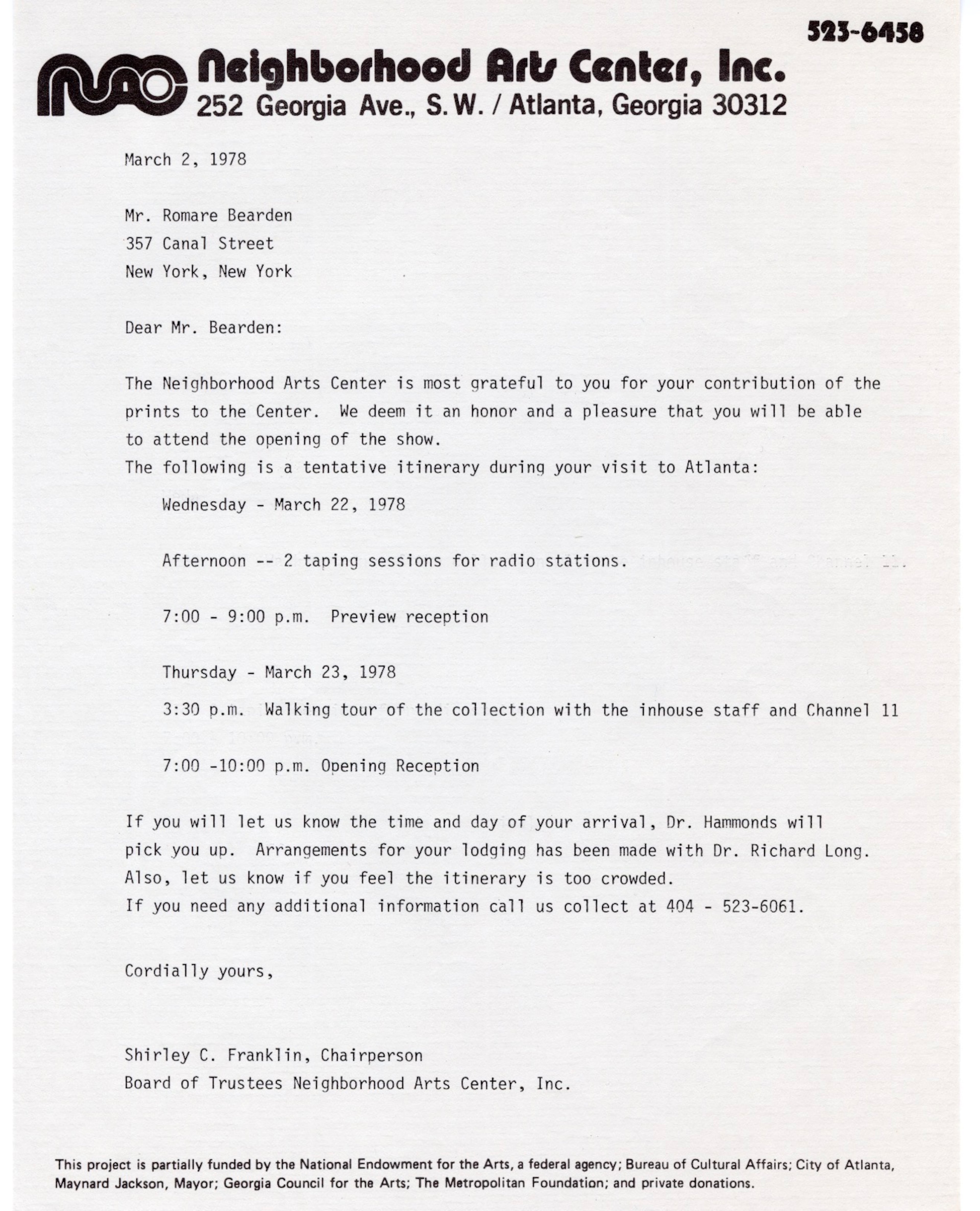 A 1978 letter by former Atlanta Mayor Shirley Franklin, then on the board of the Neighborhood Arts Center, welcomes Romare Bearden to an event and thanks him for his contribution of prints to the center. The letter is part of the Auburn Avenue Research Library's archive. (Courtesy of Auburn Avenue Research Library).
