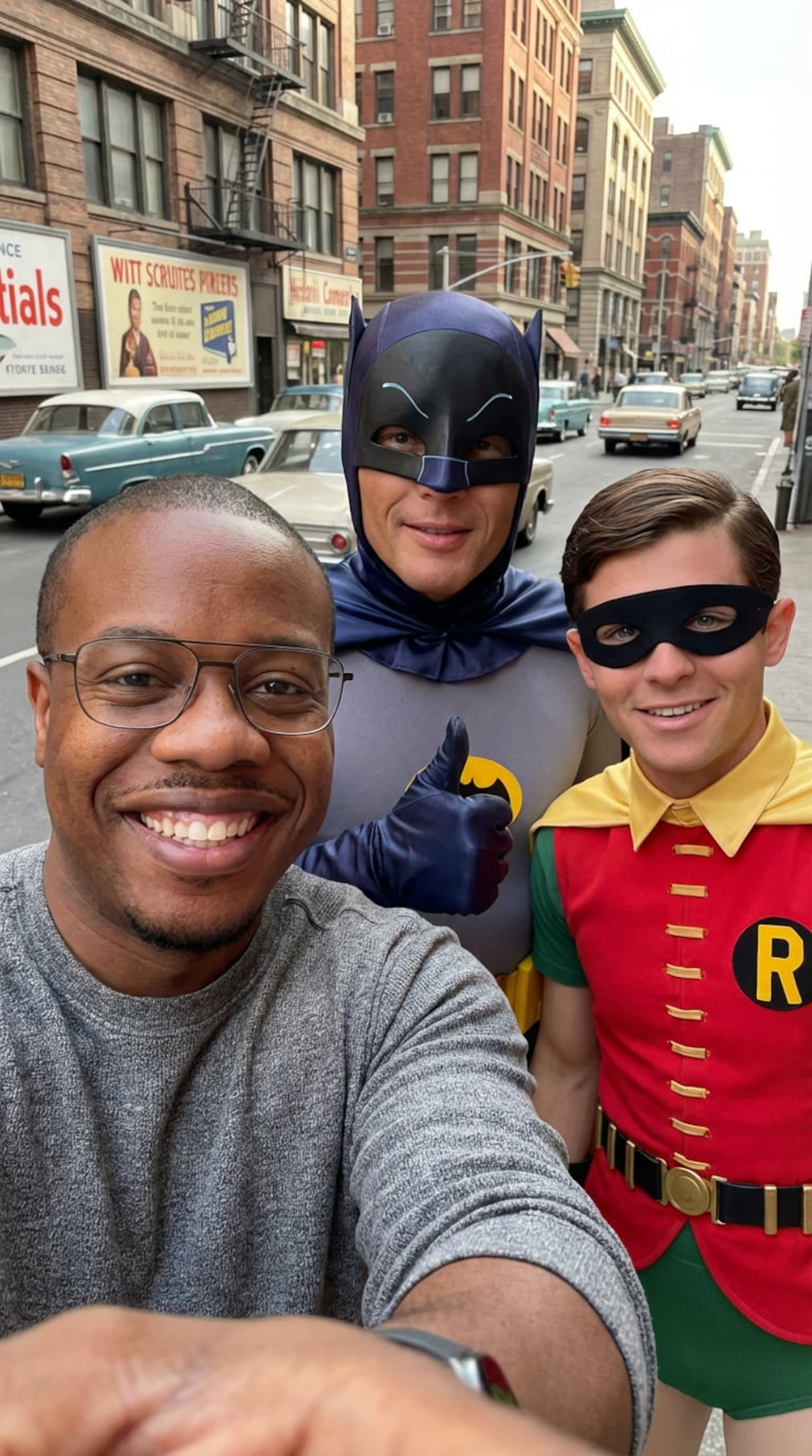 On a stop through Gotham City, Andre Moore ran into 1960s-era Batman and Robin. (Courtesy Andre Moore)