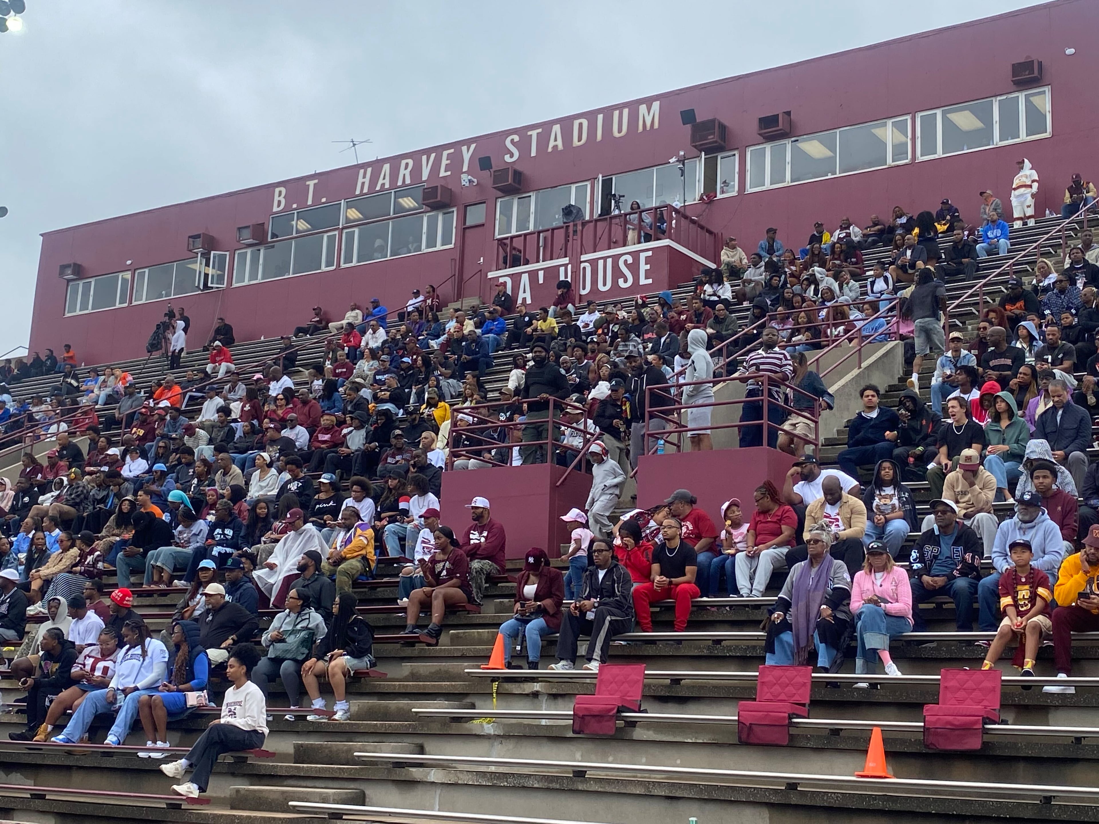 Spelman and Morehouse colleges share a homecoming experience on Oct. 11, 2026. Students, alumni and guests watch the Morehouse College Maroon Tigers football game against the Savannah State University Tigers. (Brooke Leigh Howard/AJC)