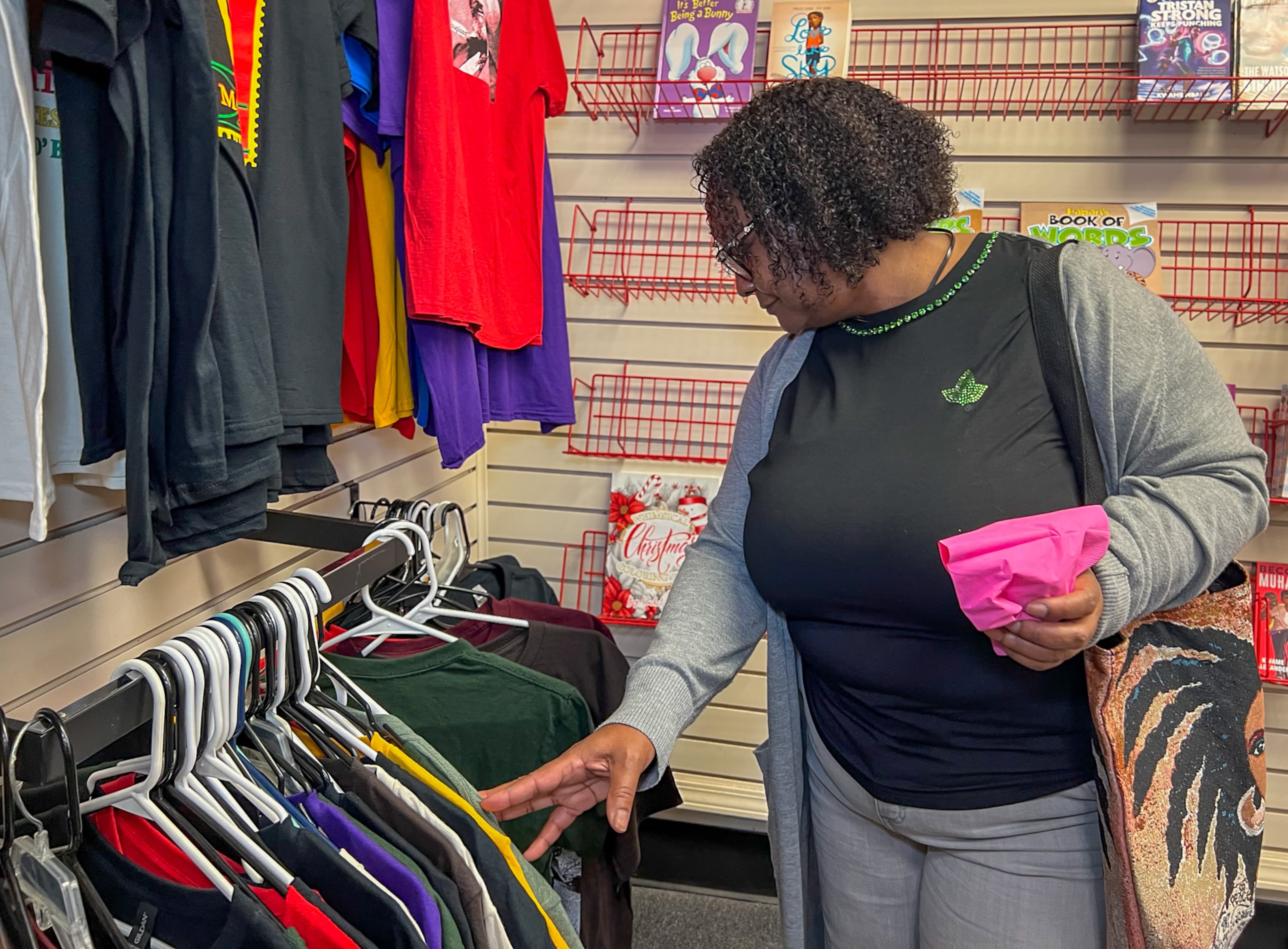 A customer browses at Medu Bookstore at Greenbriar Mall on Saturday, Feb. 21, 2026. (Courtesy of Gerel Thomas)