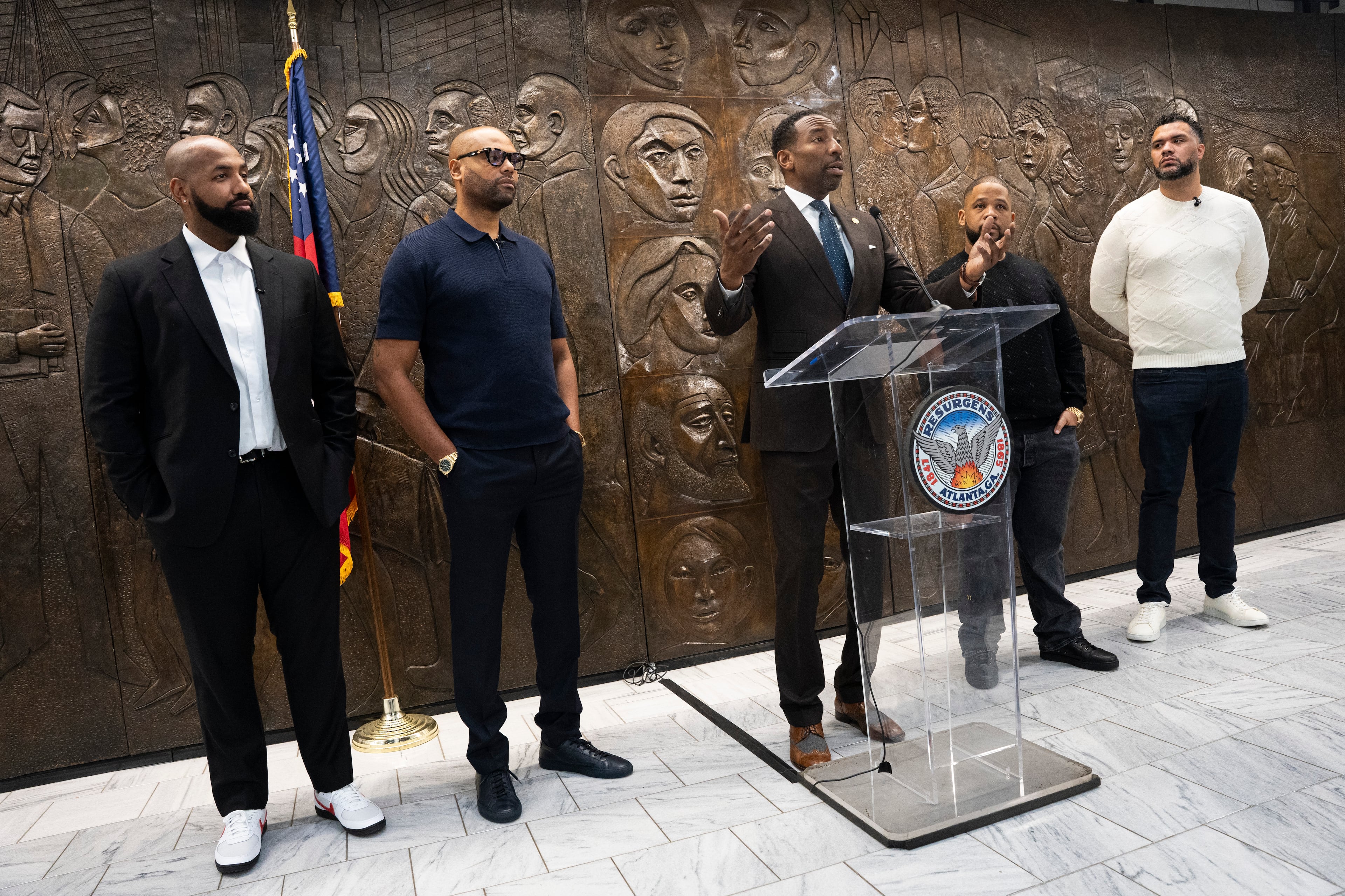 Troy Millings, Rashad Bilal, Mayor Andre Dickens, Matthew Garland and Michael MacDonald announce the details for Atlanta's fourth annual Invest Fest at the Atlanta City Hall. (Olivia Bowdoin for the AJC 2024).