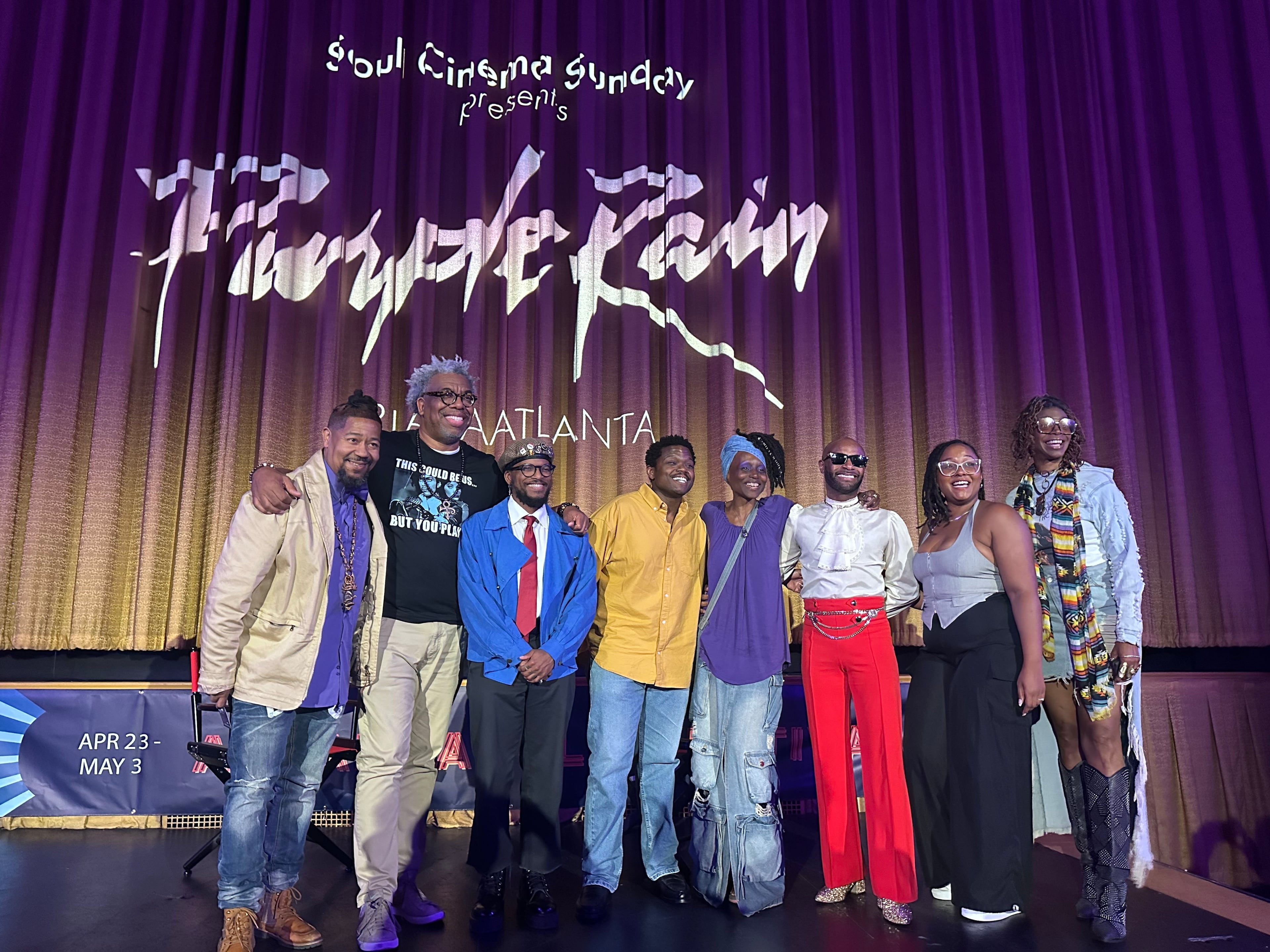 Prince fans gathered Sunday for a screening of Purple Rain at the Plaza Theatre for Soul Cinema Sundays. WRFG radio personality Tiffany Goode moderated a conversation with Atlanta Journal-Constitution reporter Ernie Suggs. (Courtesy of Wendy Suggs)