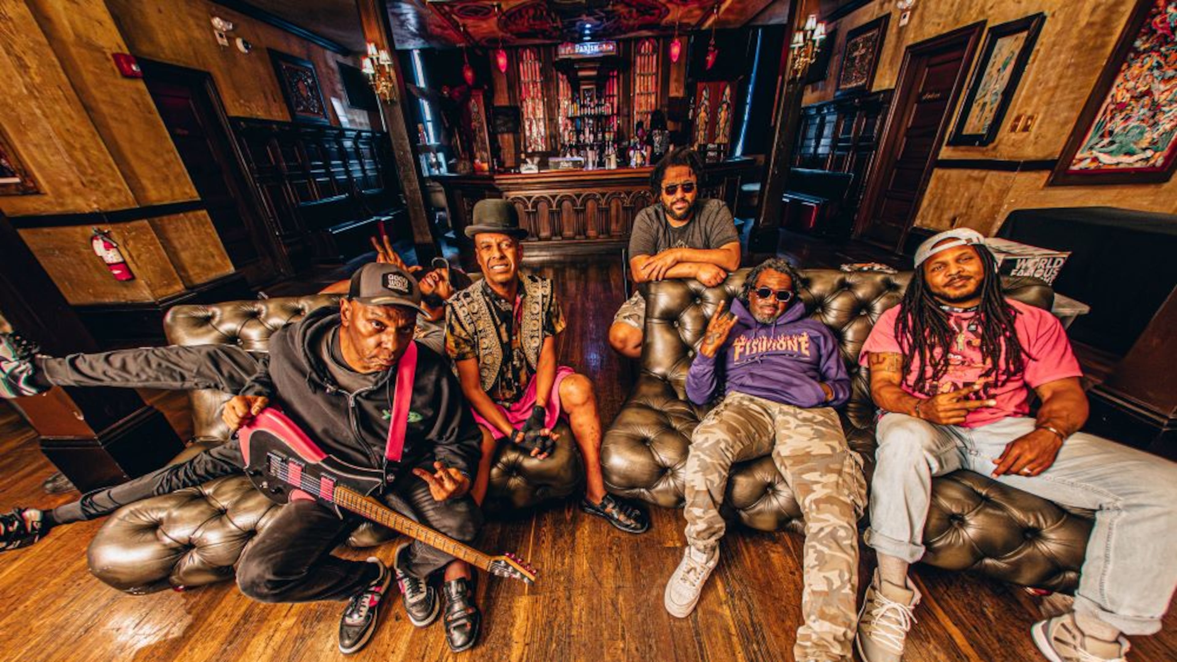 Fishbone members (from left) Tracey 'Spacey T' Singleton (guitar), James Jones (bass), Angelo Moore (vocals, saxophone), Christopher Dowd (keyboards, trombone, vocals), John 'JS' Williams II (trumpet, vocals) and Hassan Hurd (drums) perform at Terminal West Saturday, May 2, 2026. (Justin Hammer Photography)