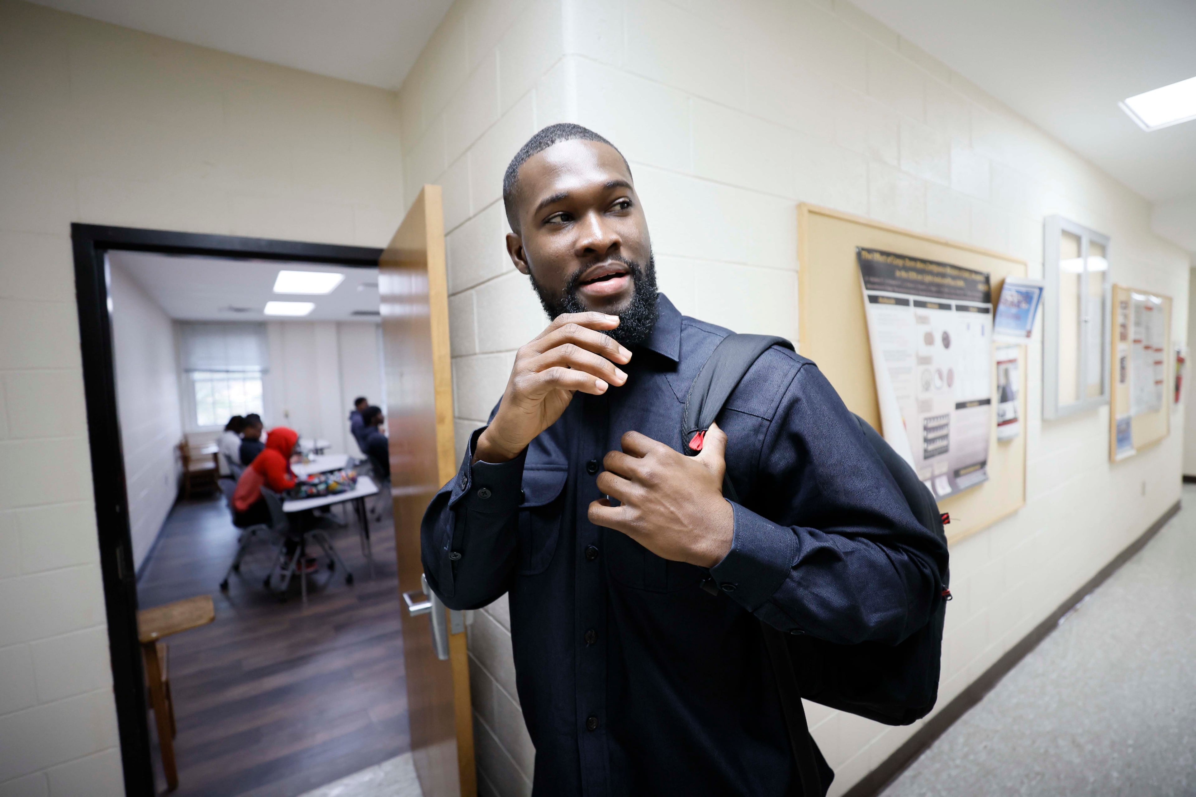 Rhodes Scholar Aniaba Jean-Baptiste N’Guessan enters the Cell and Molecular Biology Lab at Morehouse College on Wednesday, March 25, 2026. Jean-Baptiste N’Guessan, the sixth Morehouse student to earn the Rhodes Scholarship, is a senior triple majoring in economics, mathematics, and computer science from Abidjan, Côte d’Ivoire. (Miguel Martinez/AJC)
