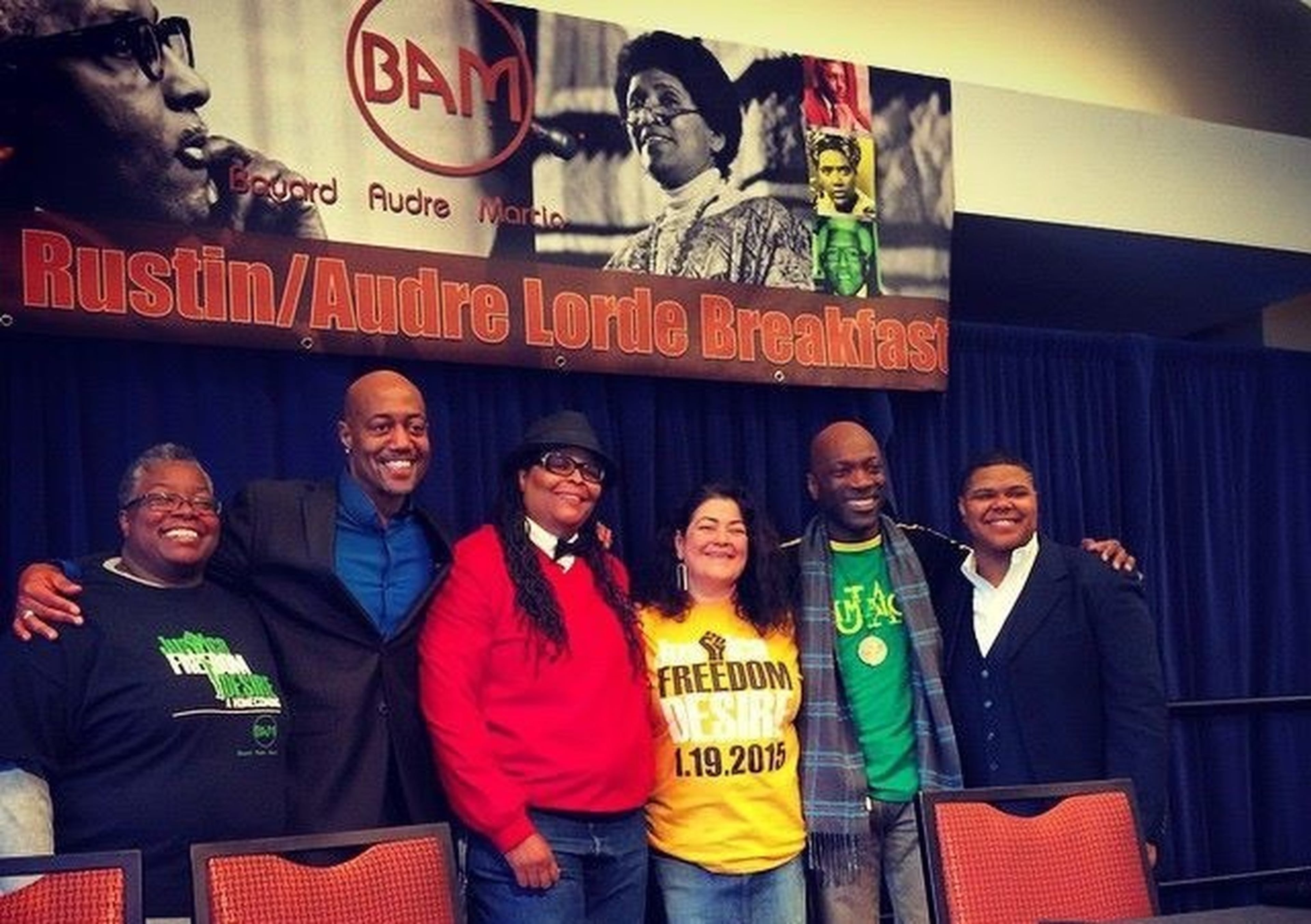 Craig Washington (second from left) poses with (from left) Mellonee Rheams, Darlene Hudson, Anneliese Singh, Kirk Surgeon and Ashe Helm-Hernandez at the 2015 Rustin-Lorde Breakfast. Hudson co-founded the annual event. (Courtesy)