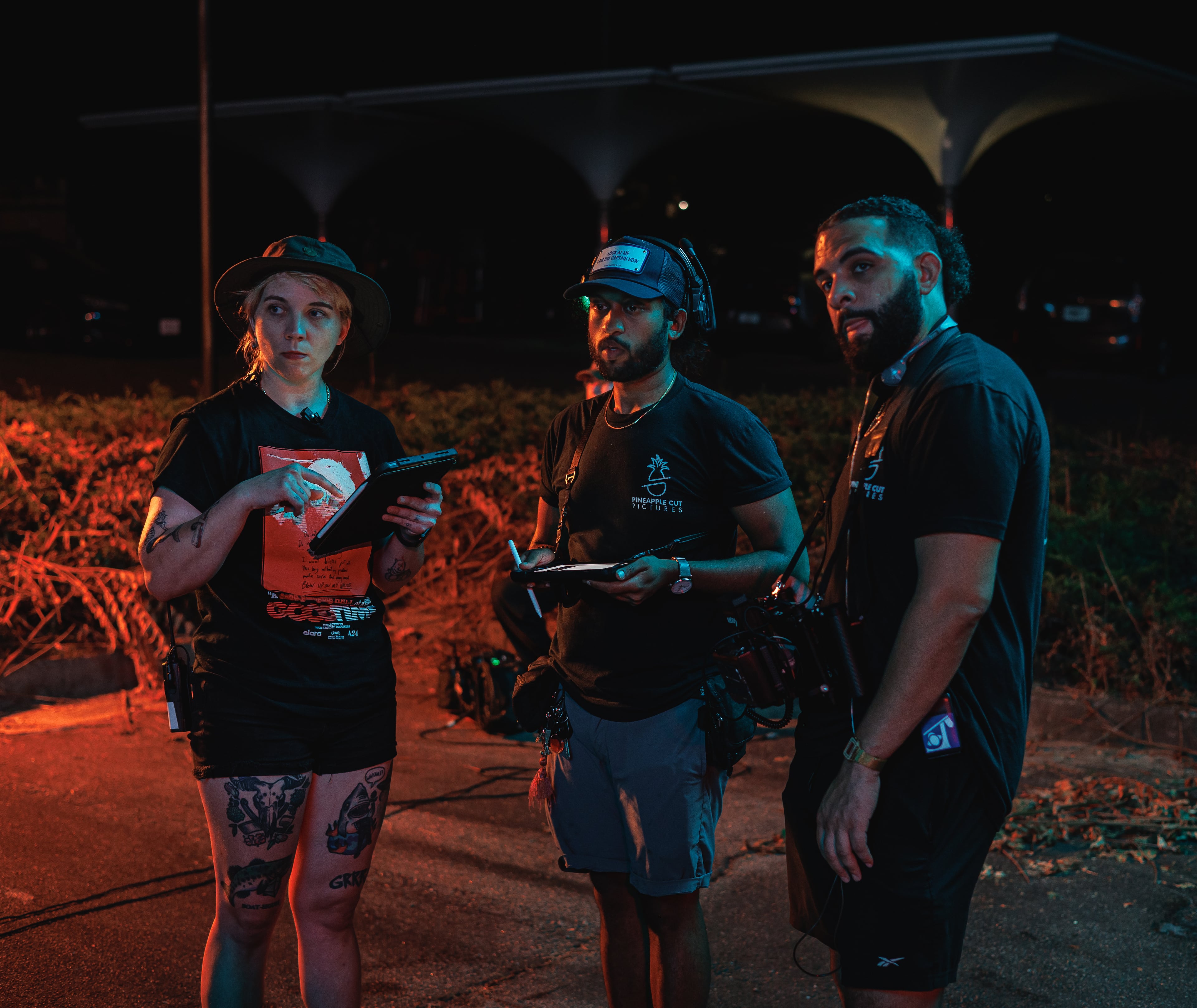 On set for "Thomasville" (2024, Pineapple Cut Pictures). Written and directed by Alex Woodruff (far right), the short film tackles a fraying father-son relationship along with the history of the Thomasville Heights public housing projects in Atlanta. (Photography by Adrian Meghoo)
