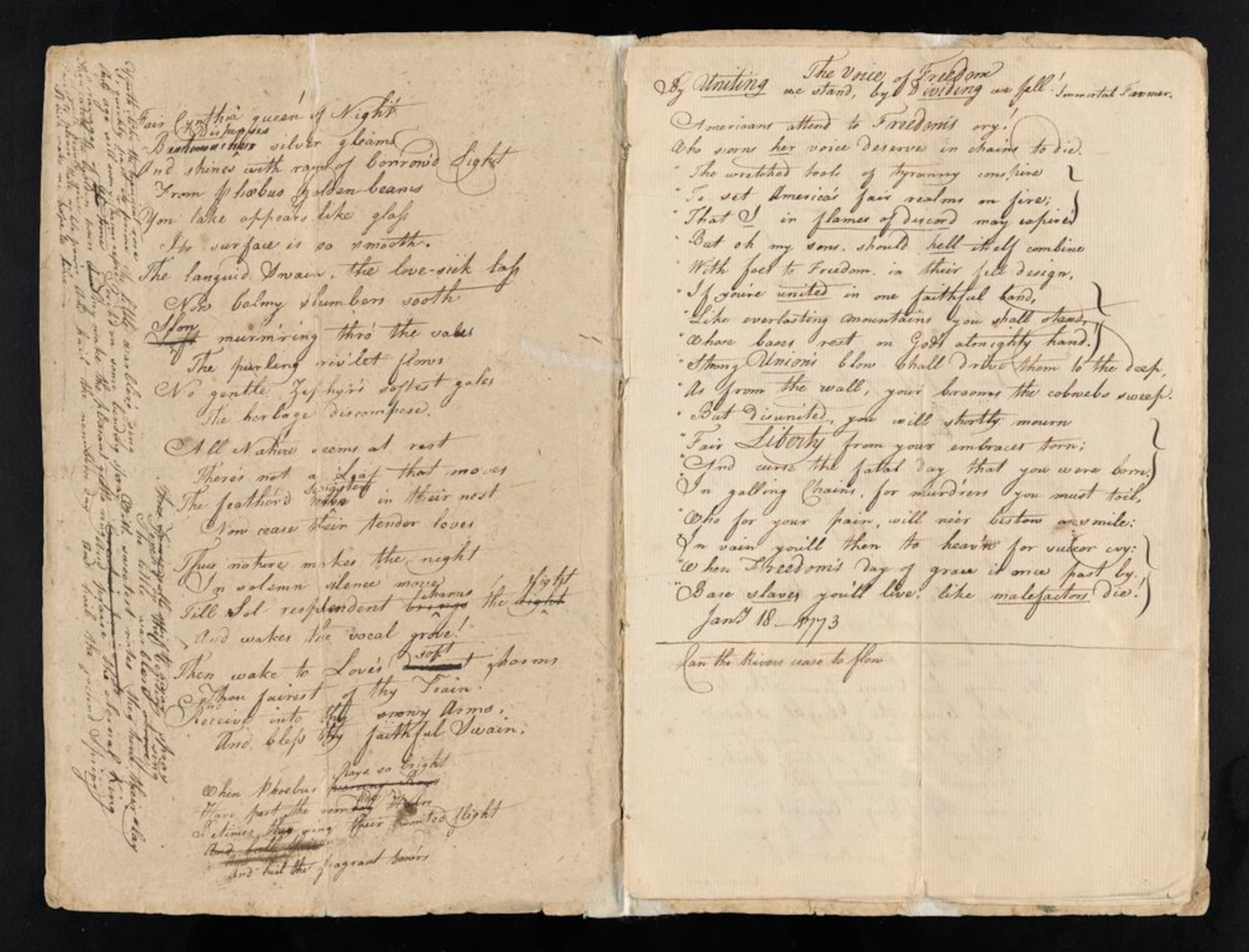 The large copy book (created between 1754-1773) of American colonial poet Phillis Wheatley is under ownership at the Stuart A. Rose Manuscript, Archives, and Rare Book Library of Emory University. (Courtesy of Emory University)