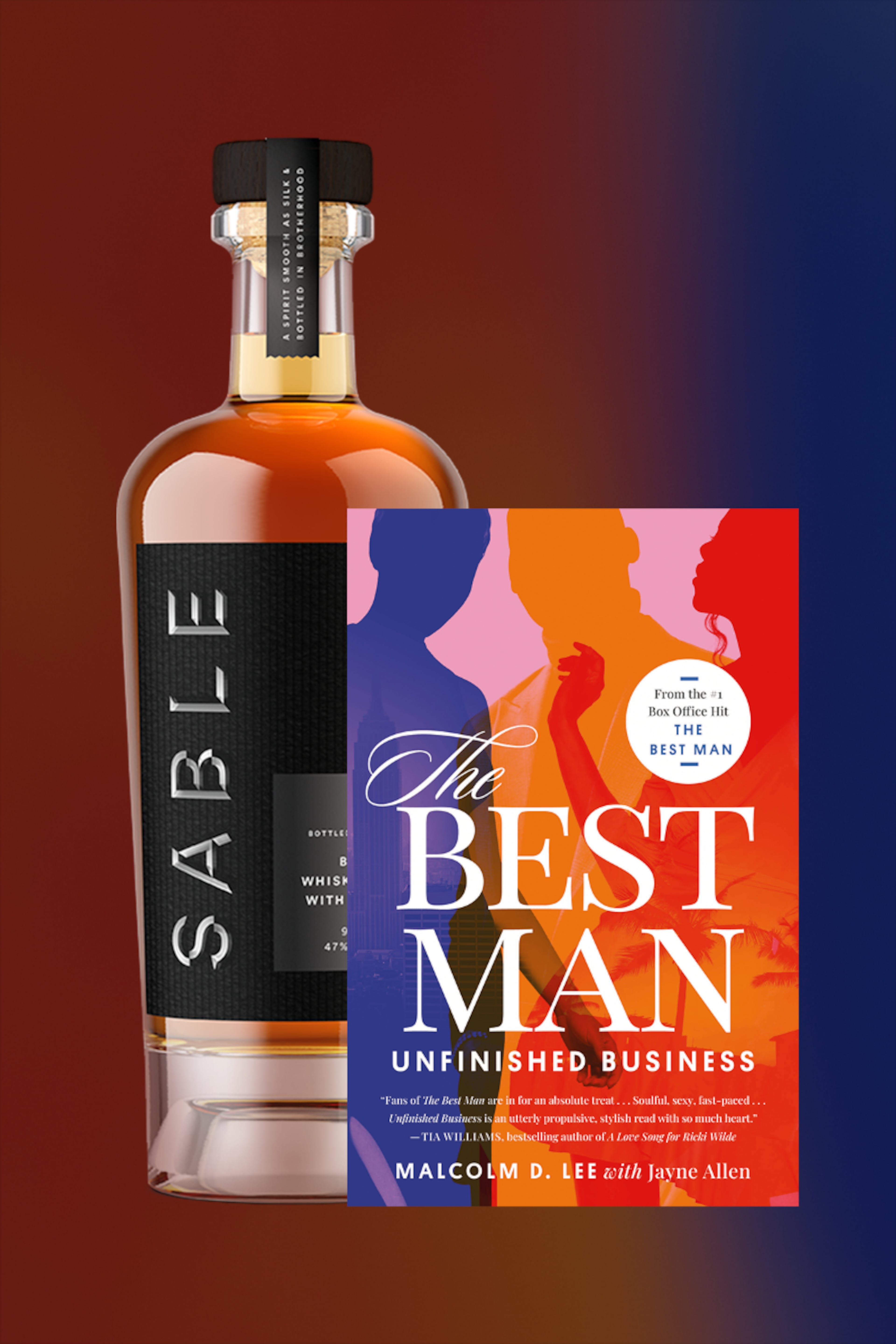 Sample bottle of Sable Bourbon, the beverage company co-founded by filmmaker Malcolm D. Lee, and cover art for his debut novel, “The Best Man: Unfinished Business,” published in July 2025. The book is the first in a trilogy. (Courtesy of Sable Bourbon)