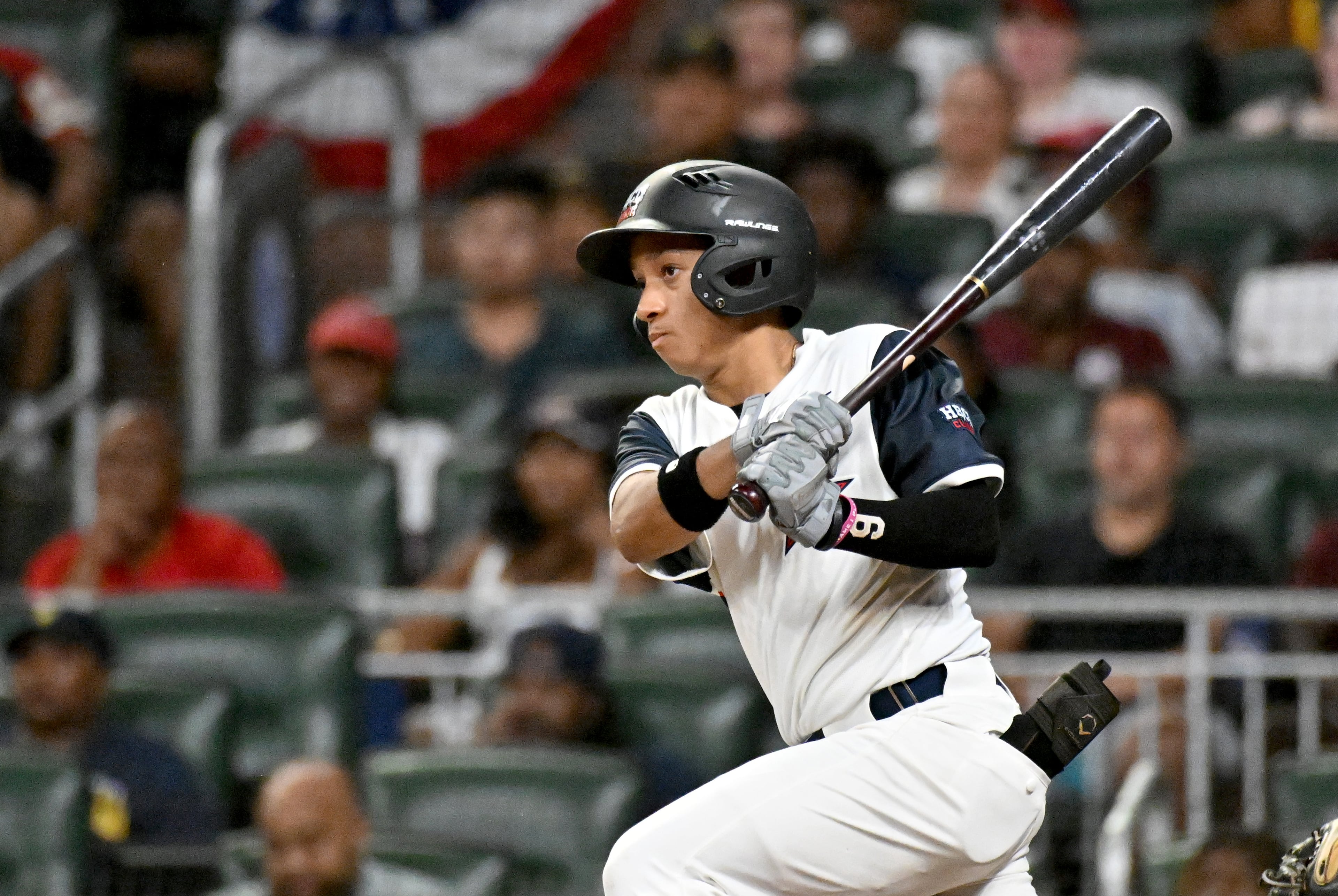 National League shortstop Elijah Pinckney of Morehouse hits during the HBCU Swingman Classic at Truist Park on Friday, July 11, 2025, in Atlanta. The Swingman Classic brings together 50 players for historically Black colleges and universities like Morehouse. (Hyosub Shin/AJC)