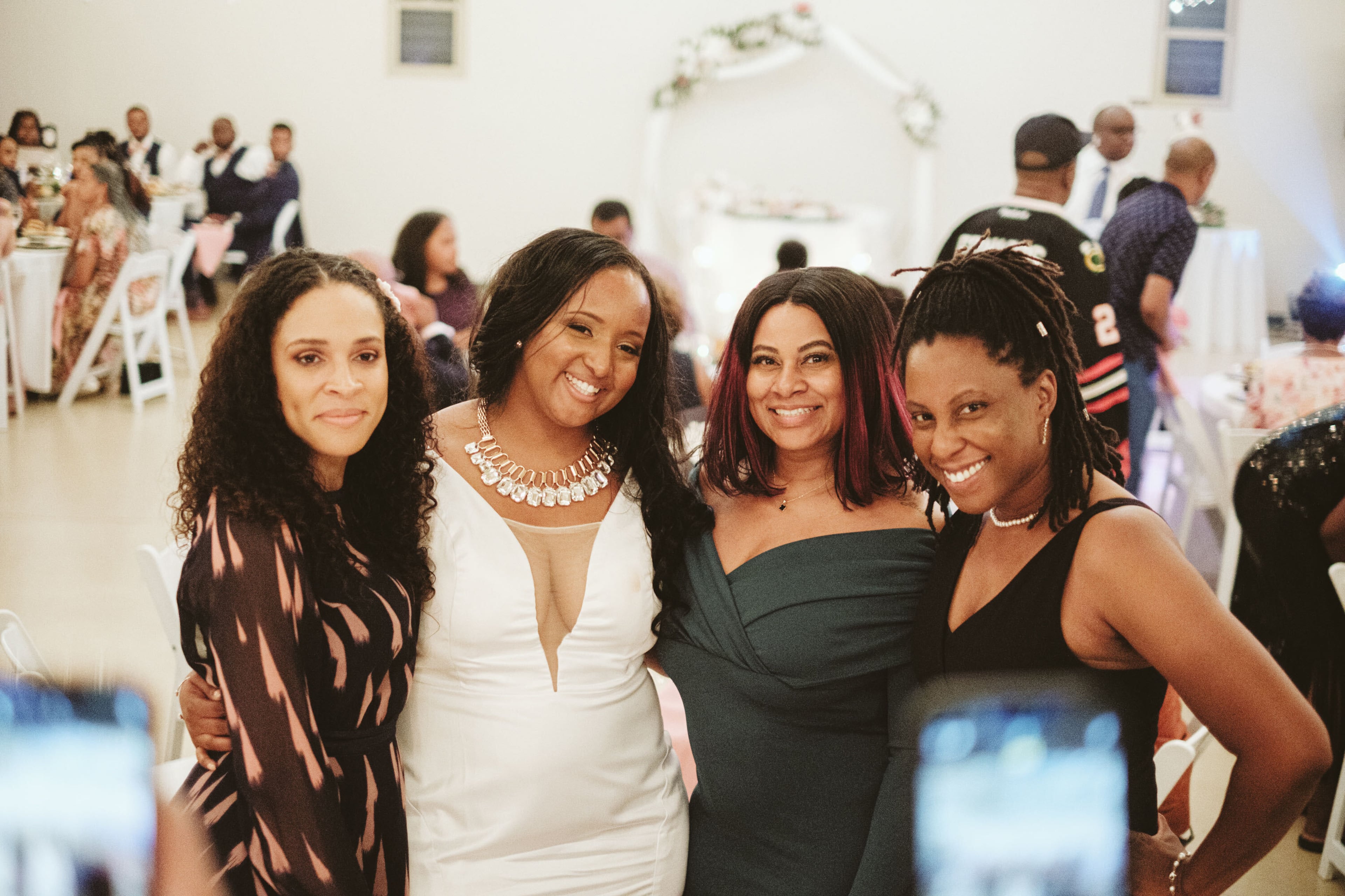Howard (left) poses with University of Virginia alumnae at a wedding at James Monroe's Highland near Charlottesville, Virginia. The bride Tiffany Monroe Edwards (second from left) is a descendant of former President James Monroe and enslaved laborers. (Courtesy of Tiffany Monroe Edwards)