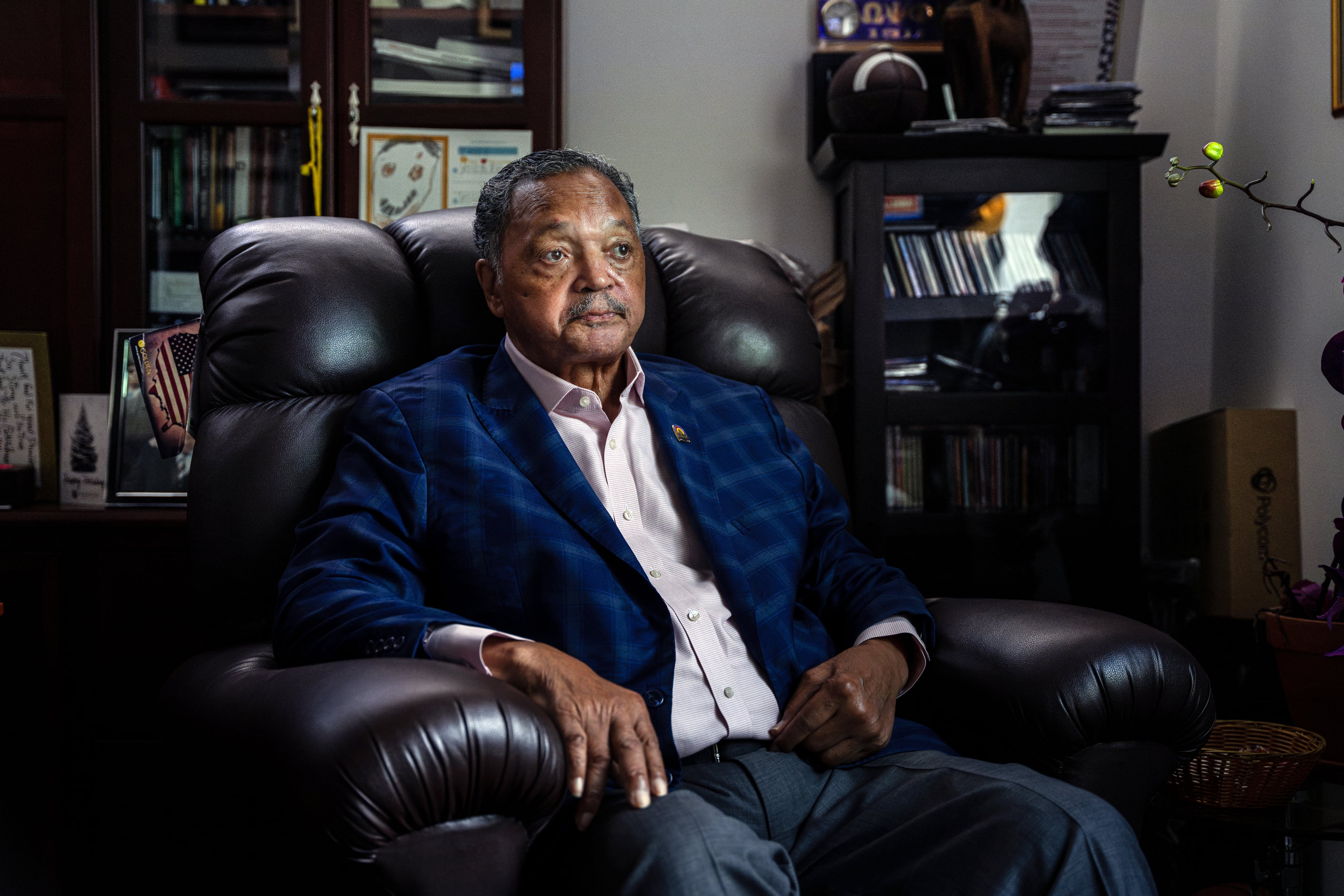 The Rev. Jesse Jackson at the headquarters of the Rainbow PUSH coalition in Chicago on Aug. 16, 2024. Jackson, whose impassioned oratory and populist vision of a “rainbow coalition” of the poor and forgotten made him the nation’s most influential Black figure in the years between the civil rights crusades of the Rev. Dr. Martin Luther King Jr. and the election of Barack Obama, died on Feb. 17, 2026. He was 84. (Jamie Kelter Davis/The New York Times)