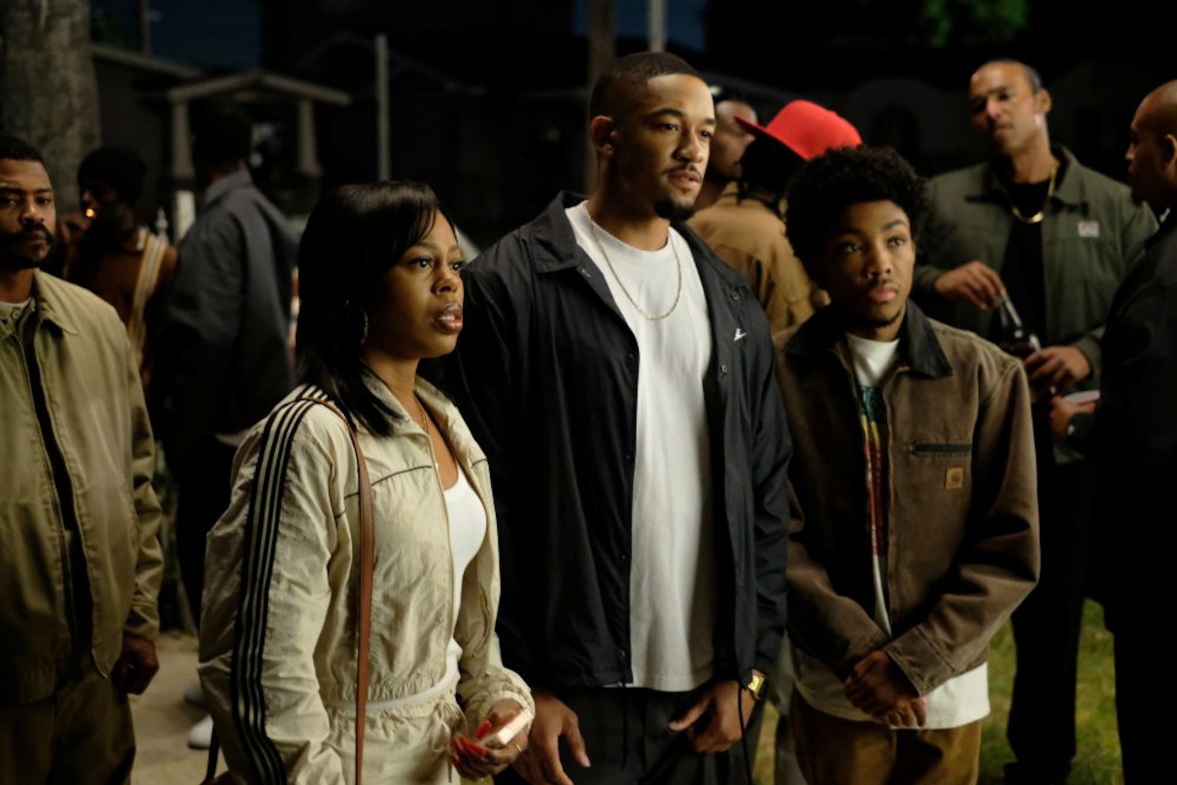 Actors Gail Bean as Wanda Bell, Peyton Alex Smith as James Kinsey and Asante Blackk as Lamar Kinsey on 'The Drop: A Snowfall Saga' Season 1, Episode 1 - 'Click Pop' - aired on FX on Tuesday, Sept. 8, 2026 (Courtesy of Ray Mickshaw/FX).