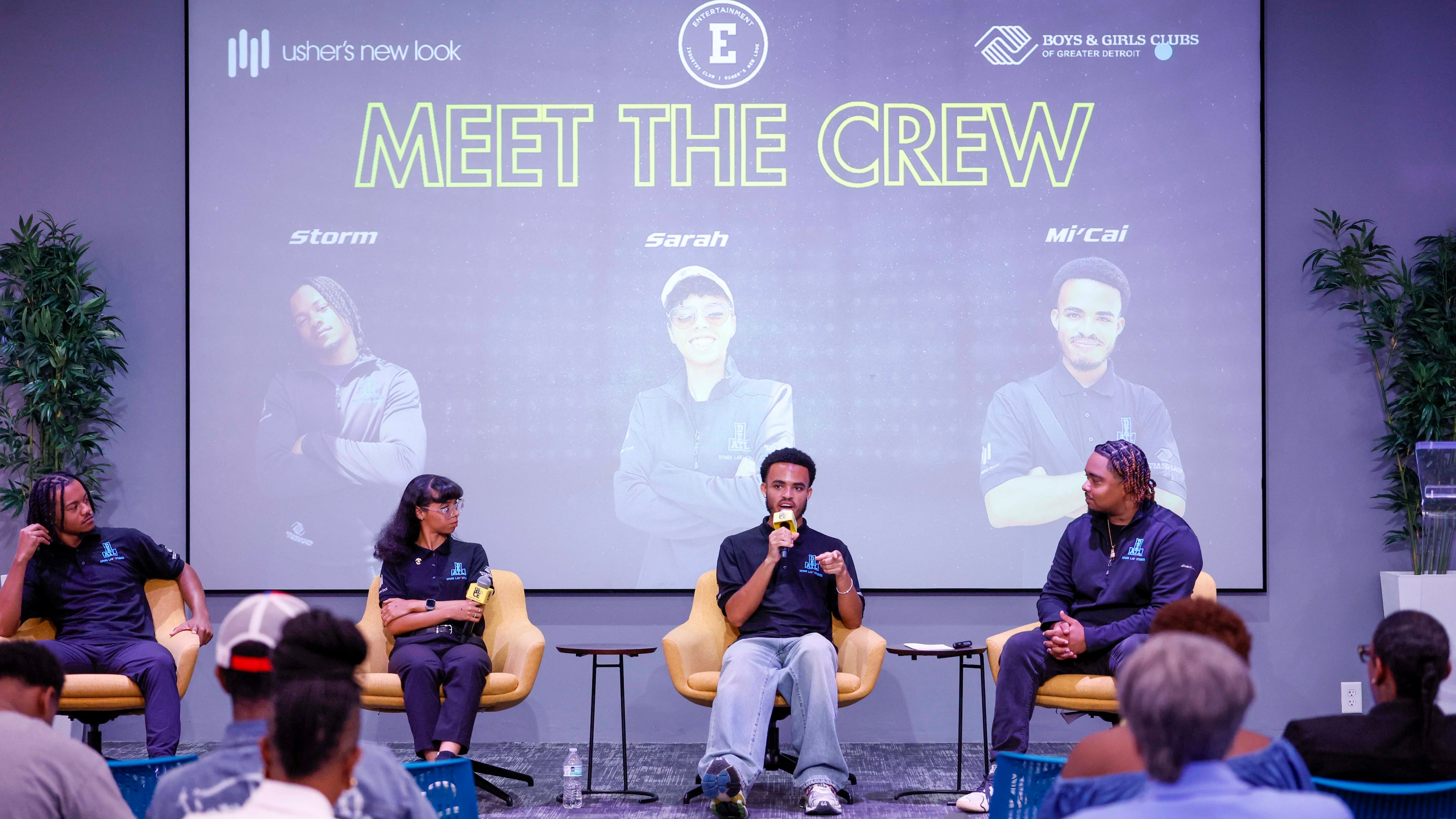 Usher’s New Look interns-turned-employees (from left) Mi’Cai Haywood, Sarah Swift and Storm Smith, participate in a panel moderated by Tony Betton Jr. (right) at the Russell Innovation Center for Entrepreneurs on Thursday, Aug. 13, 2026. (Miguel Martinez/AJC)