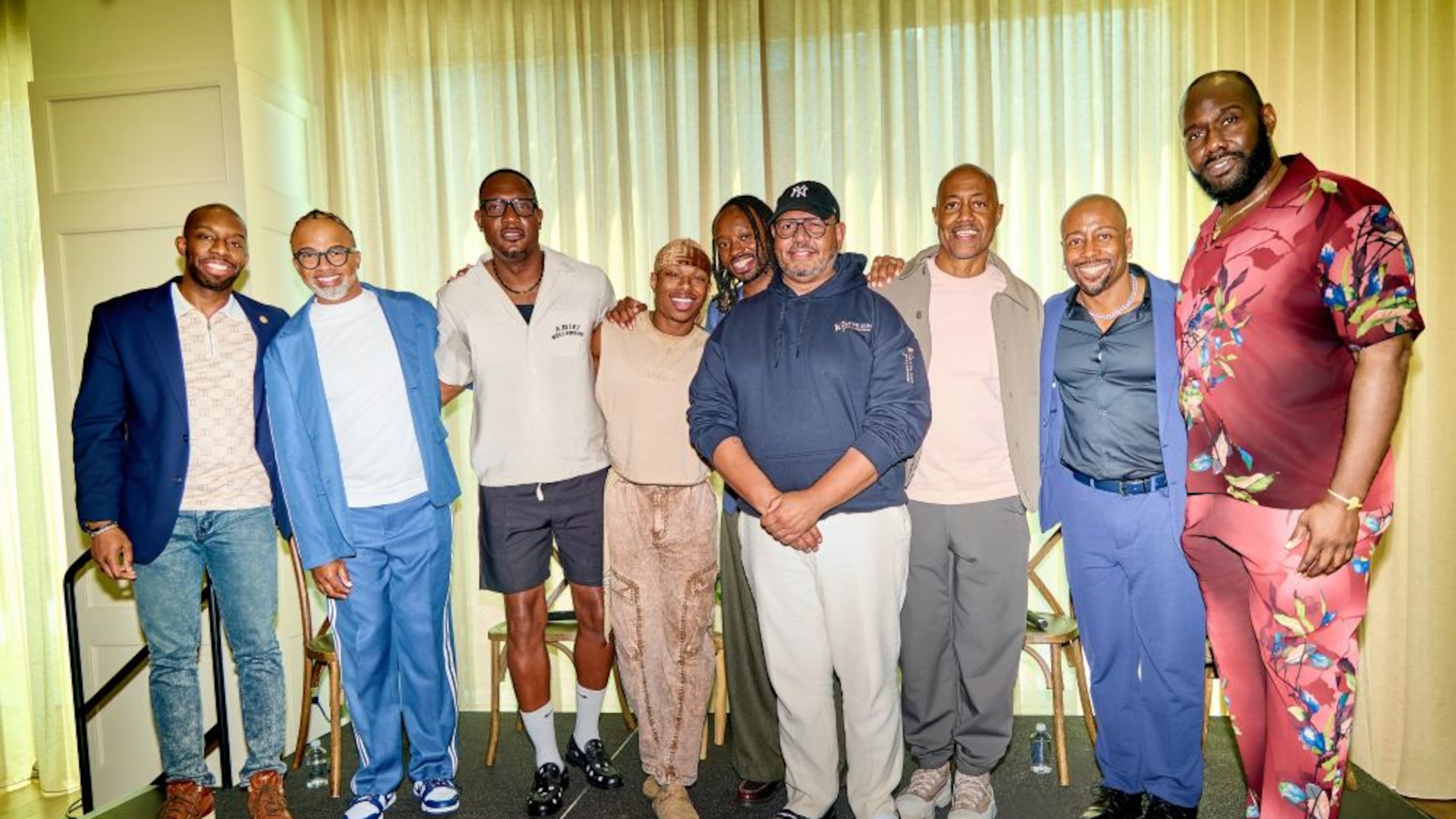 Rep. Everton Blair (from left), D-Ga.; Rashad Burgess of Gilead Sciences; Darwin Thompson of Gilead Sciences; artist Tre Melvin; therapist Hakim Asadi; Emil Wilbekin, founder of Native Son; community organizer Craig Washington; physician and author Dr. Leo Moore; and actor Nicco Annan attend Native Son’s Black Gay Leadership Forum at the Forth Hotel on Friday, Sept. 4, 2026. (Courtesy of Native Son)