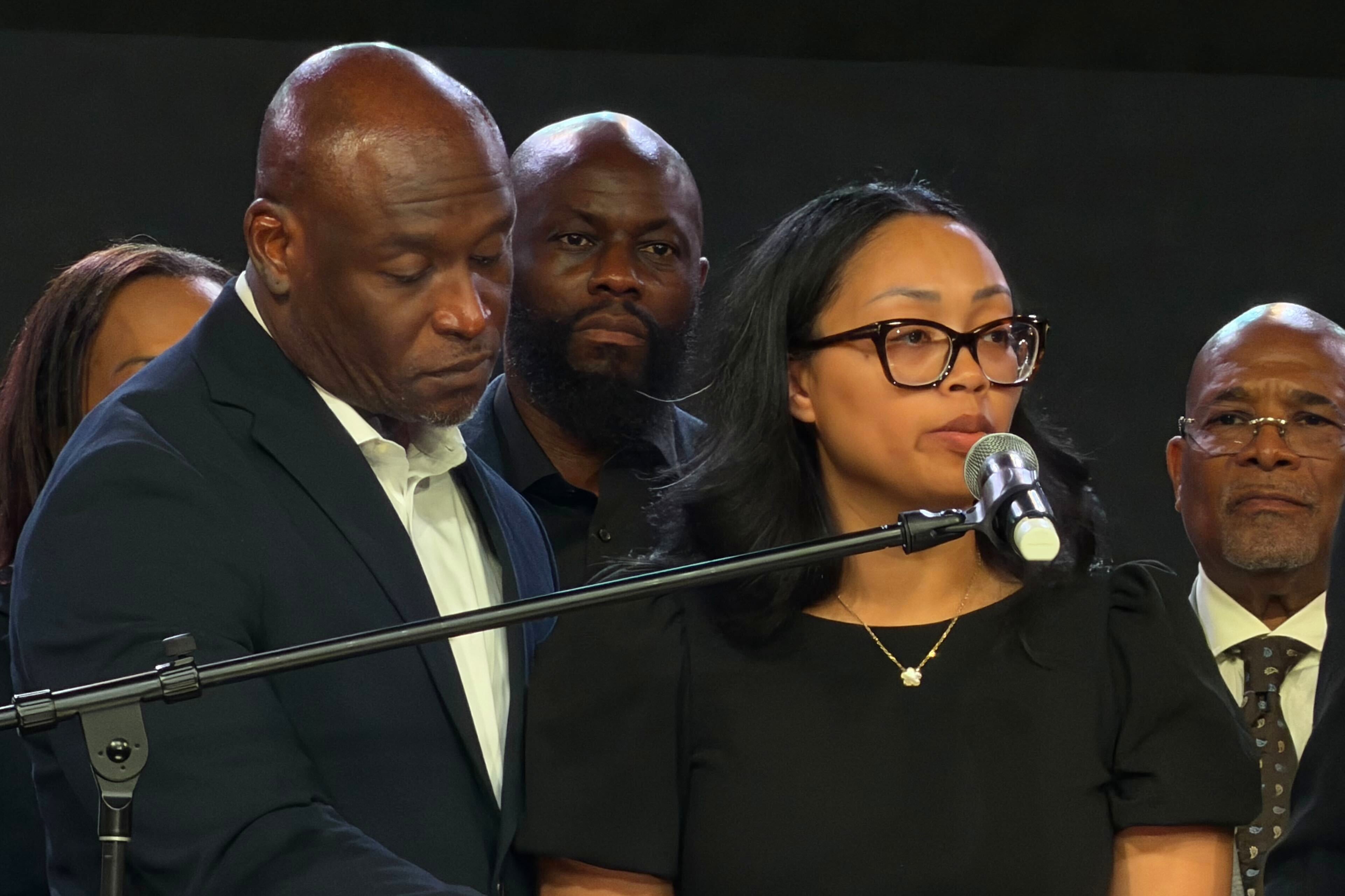 Nolan Wells' mother, Christine Wonsley, speaks at a news conference in Stonecrest, Thursday, Sept. 22, 2026, accompanied by Wells' father Elmore Wonsley (left). (Emilie Megnien/AP)