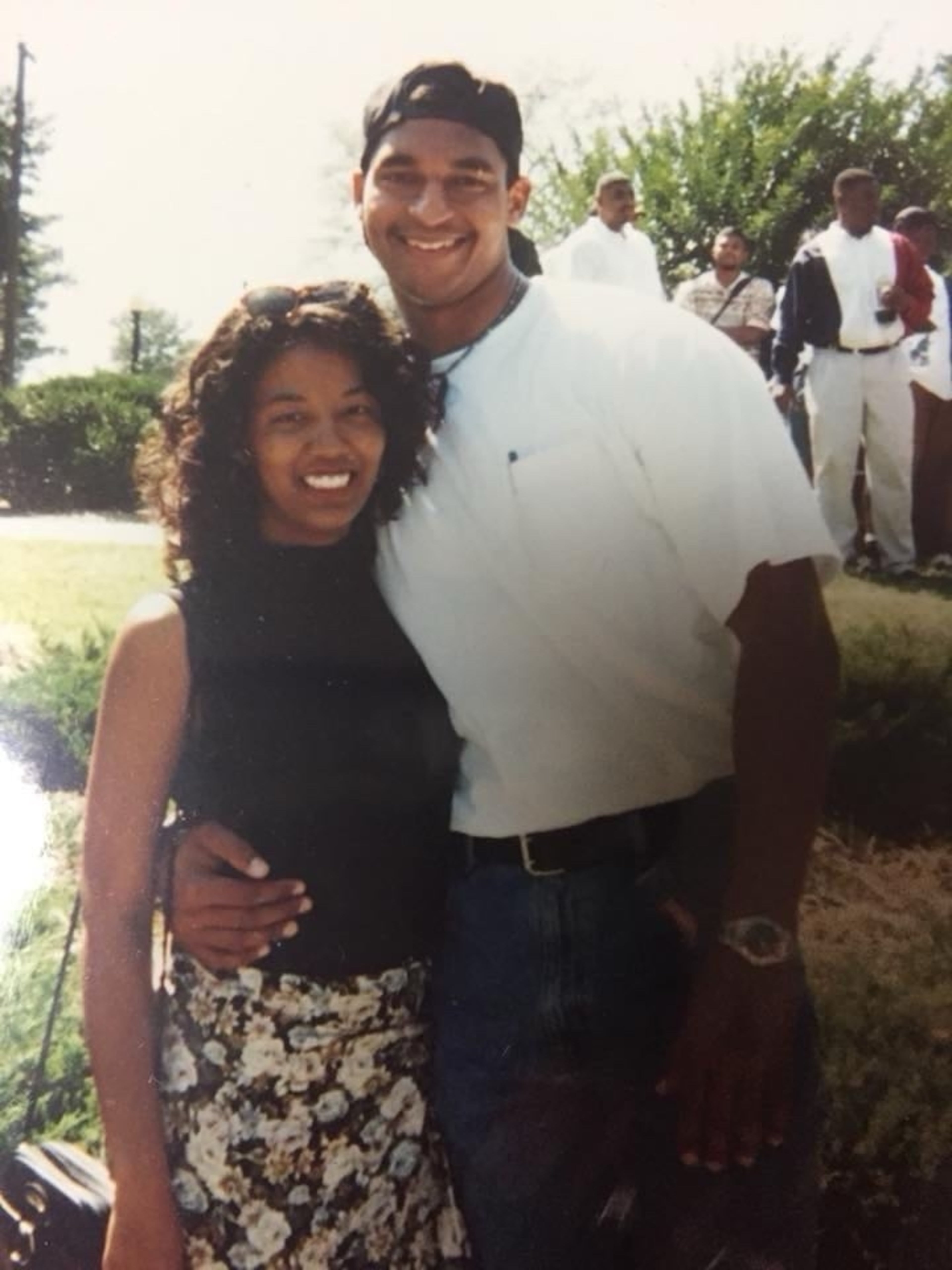 Lisa Walker (left) poses with a classmate at Tuskegee University in 1994. She discusses the cultural trends and how fashion has changed in the classroom. (Courtesy of Lisa Walker)