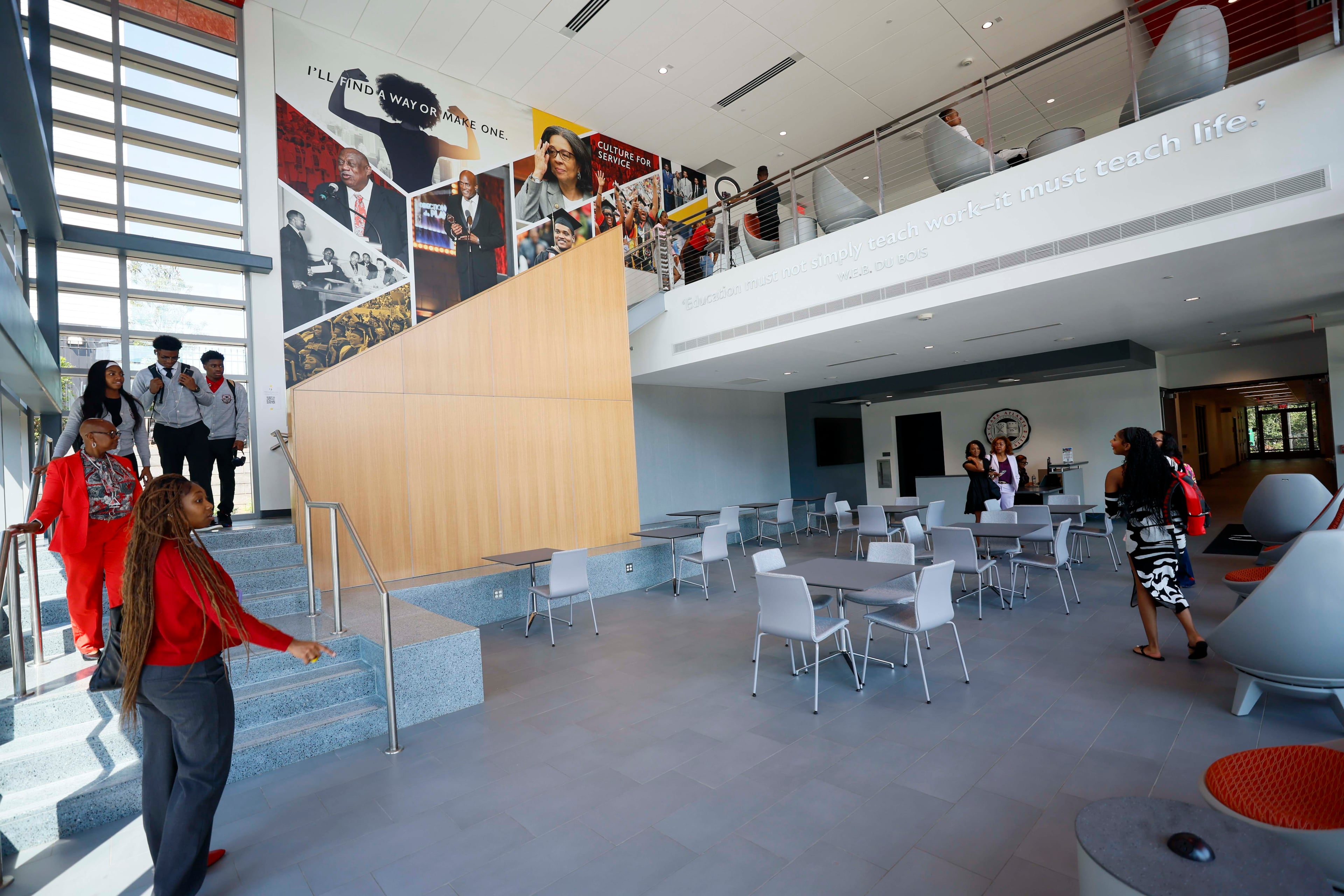 Students and staff are seen inside Clark Atlanta University’s Student Success Center, pictured on campus Wednesday, Sept. 2, 2026. This new facility is the university's first major academic building in over 20 years and is designed to transform how students access resources, build connections, and achieve their goals. (Miguel Martinez/AJC)
