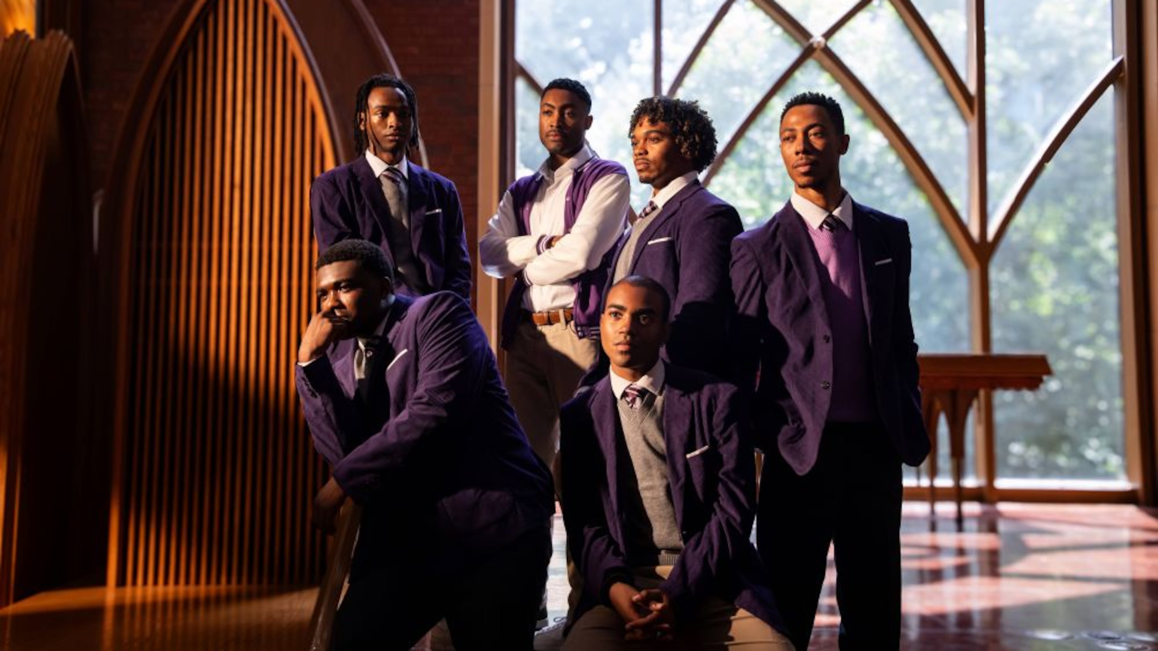 Actors Austin Richardson (from left), Thomas Boyce, Matthew Lolar-Johnson, Kendall Mekhi Williams, Barry Westmoreland and Brandon L. Smith are part of the cast that brings the Actor’s Express' production of “Choir Boy,” the coming-of-age gospel play by Tarell Alvin McCraney, to life. (Courtesy of Casey Gardner Ford)