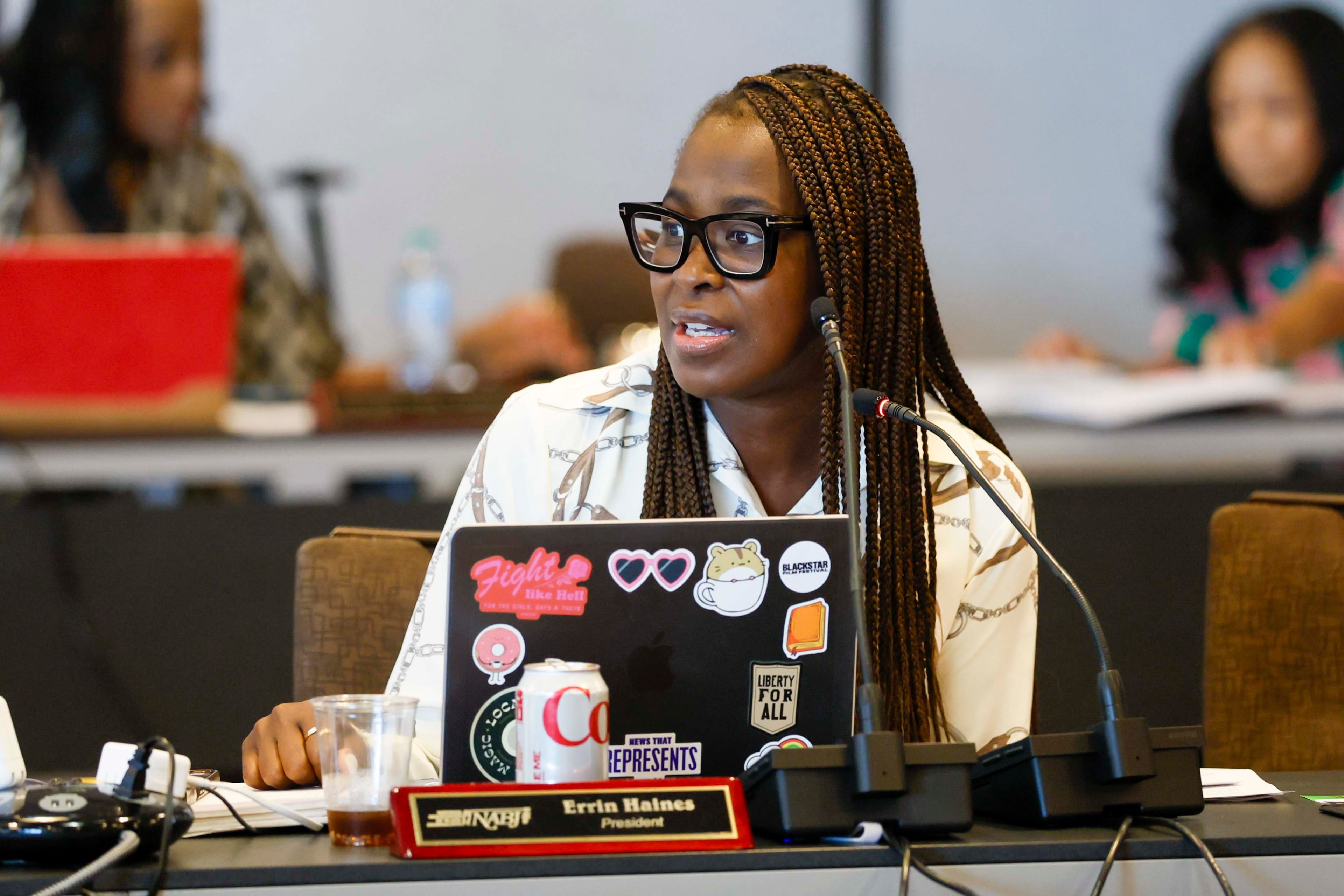 NABJ president Errin Haines speaks during a board meeting at the Marriott Marquis in downtown Atlanta on Tuesday, Aug. 11, 2026, prior to the NABJ’s 2026 Convention & Career Fair, the largest organization for journalists of color in the country. (Miguel Martinez/AJC)