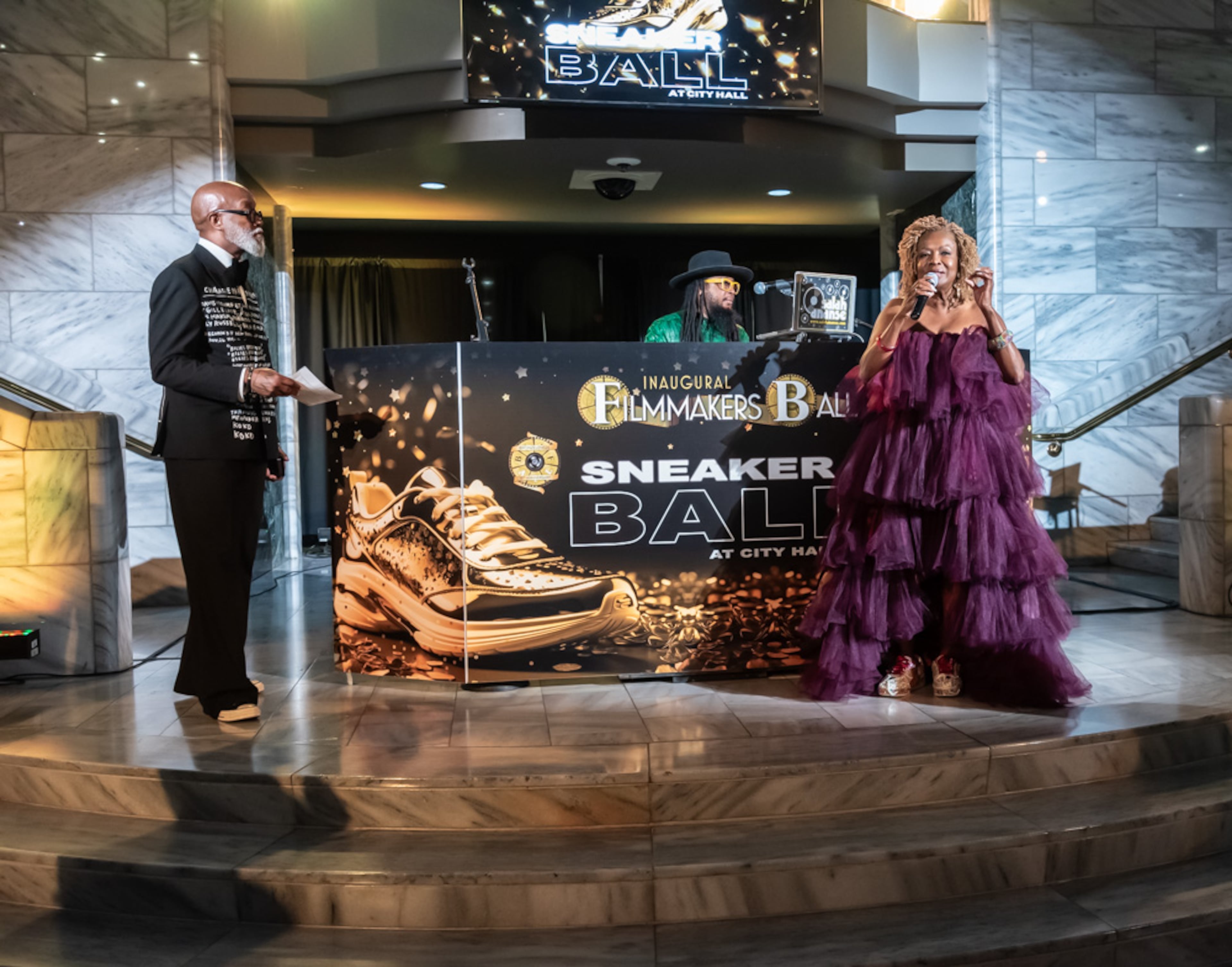 BronzeLens Film Festival executive producer Kathleen Bertrand (right) hosts the inaugural Filmmakers' Ball at Atlanta City Hall Atrium in 2024. (Courtesy of the BronzeLens Film Festival)