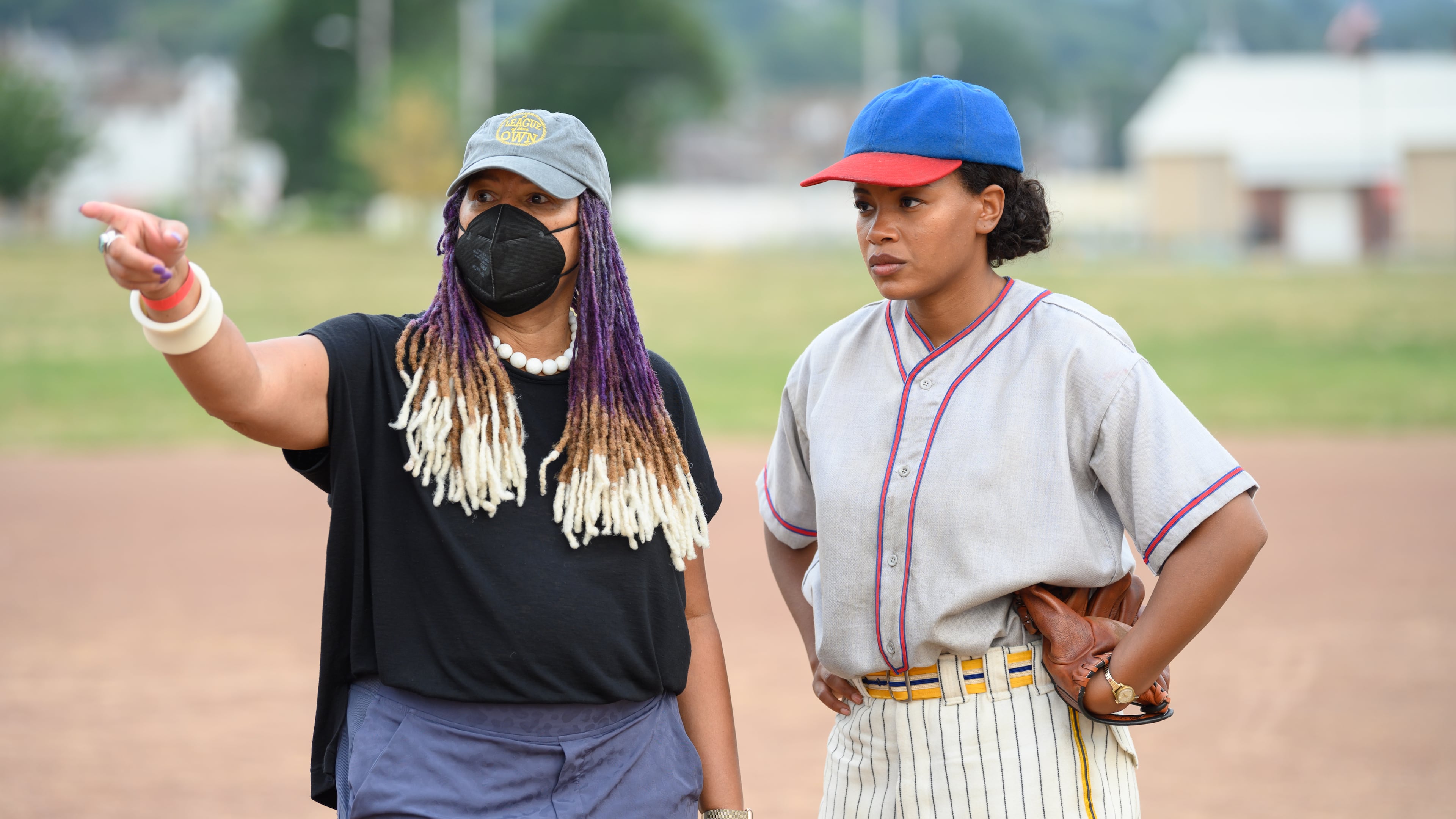 Ayo Chenzira (left) on set of Amazon Prime's "A League of Their Own" with Chante Adams (right). (Courtesy of VibeKast)