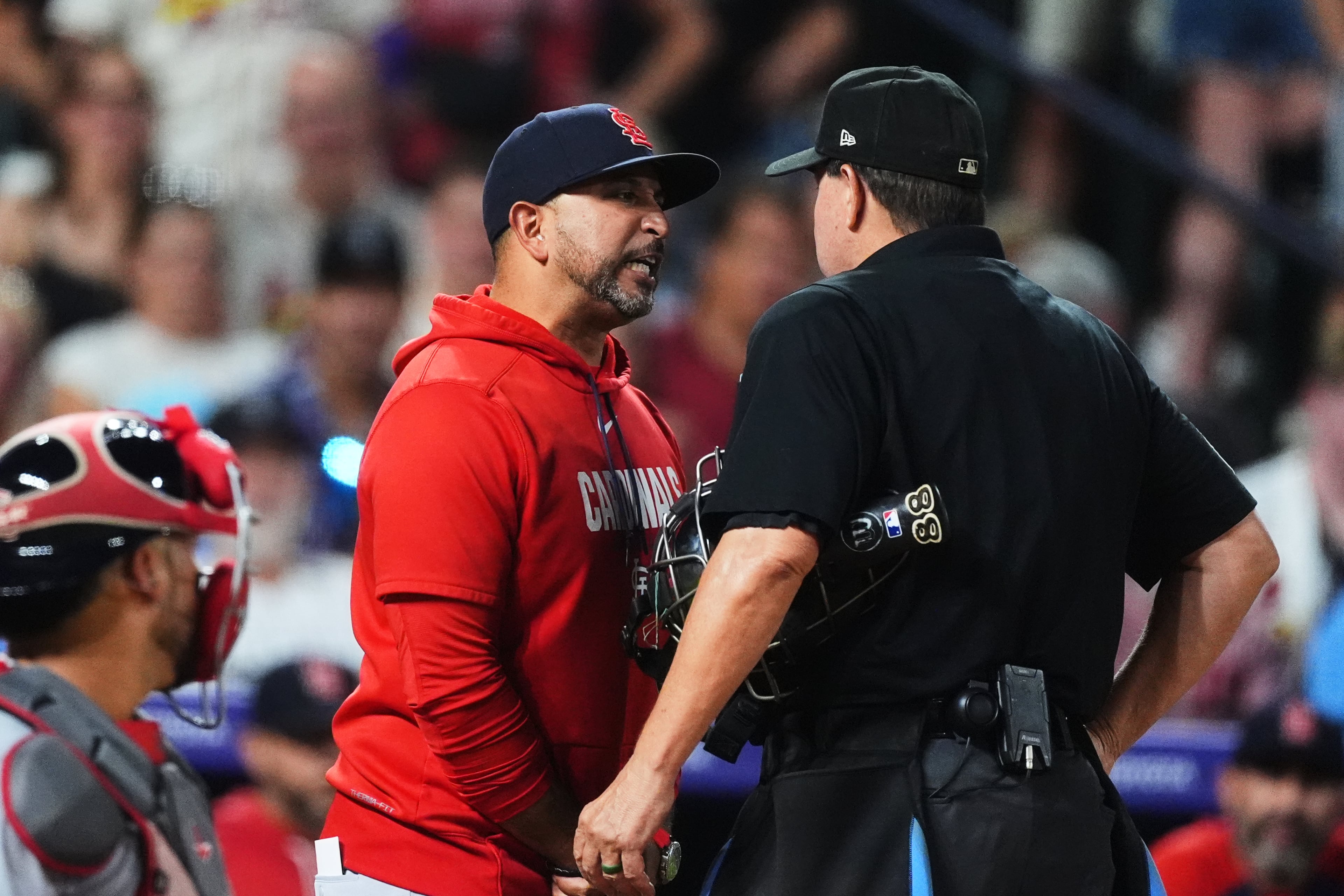 St. Louis Cardinals manager Oliver Marmol, right, argues after he was ejected from the game by home plate umpire Doug Eddings in the sixth inning of a baseball game against the Colorado Rockies, Friday, Sept. 4, 2026, in Denver. (David Zalubowski/AP)