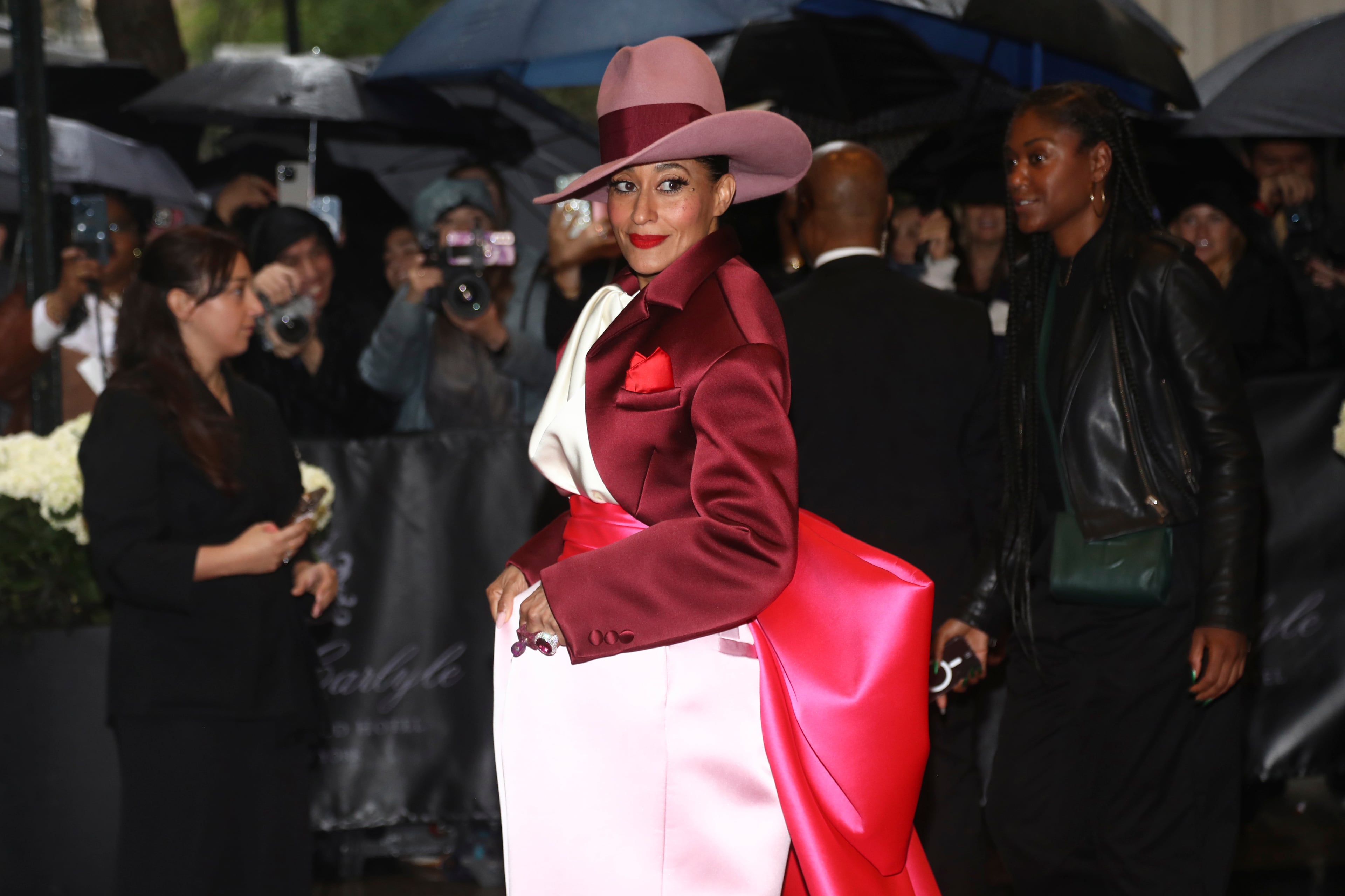 Tracee Ellis Ross departs The Carlyle Hotel prior to attending The Metropolitan Museum of Art's Costume Institute benefit gala celebrating the opening of "Superfine: Tailoring Black Style" on Monday, May 5, 2025, in New York. (Photo by Andy Kropa/Invision/AP)