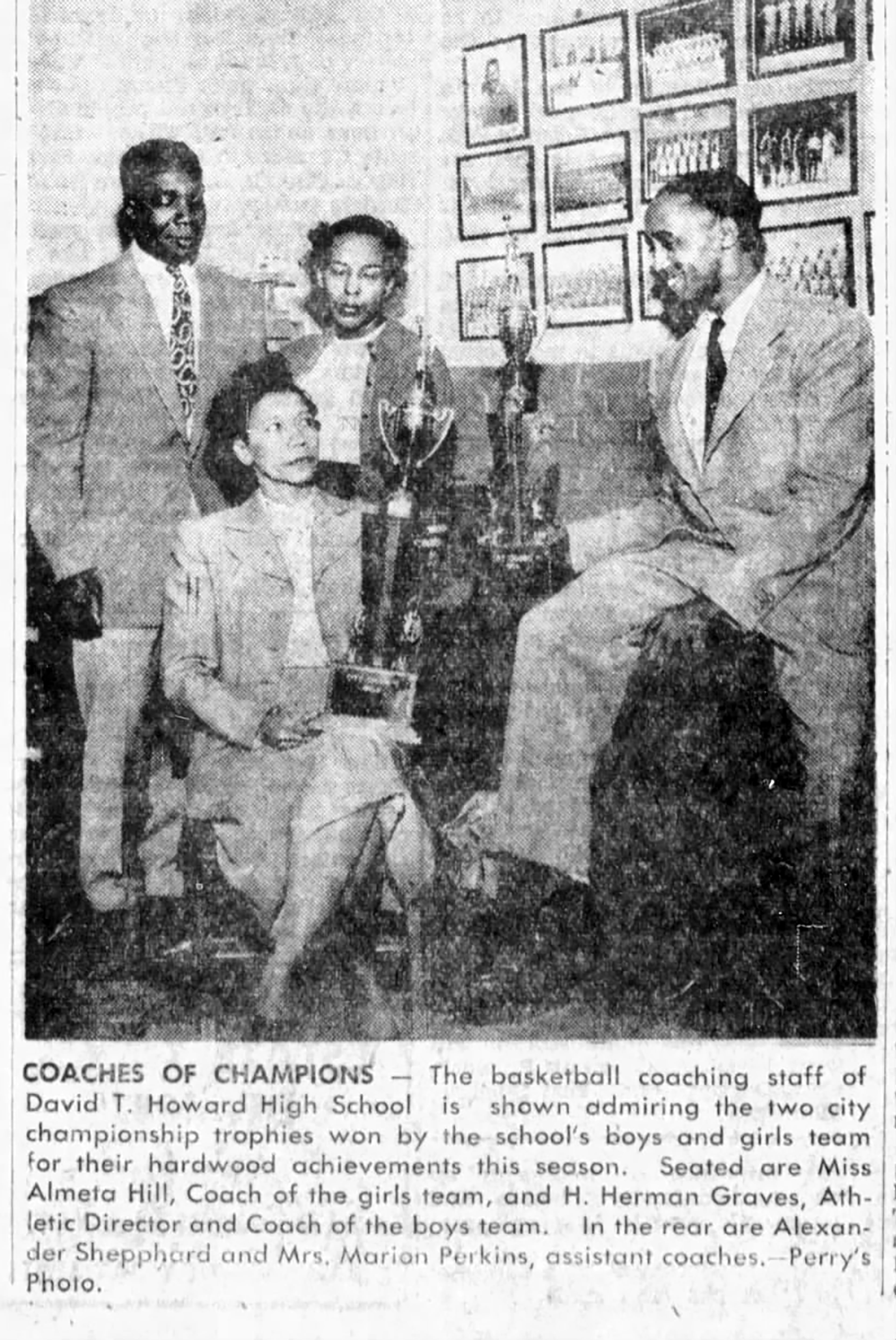 In this clipping from the Atlanta Daily World newspaper, Almeta Hill (bottom left) is shown as coach of the girls basketball team at David T. Howard High School, a Black high school in Atlanta, in 1954. Marian Perkins (top center) was an assistant coach. (Atlanta Daily World/Newspapers.com)