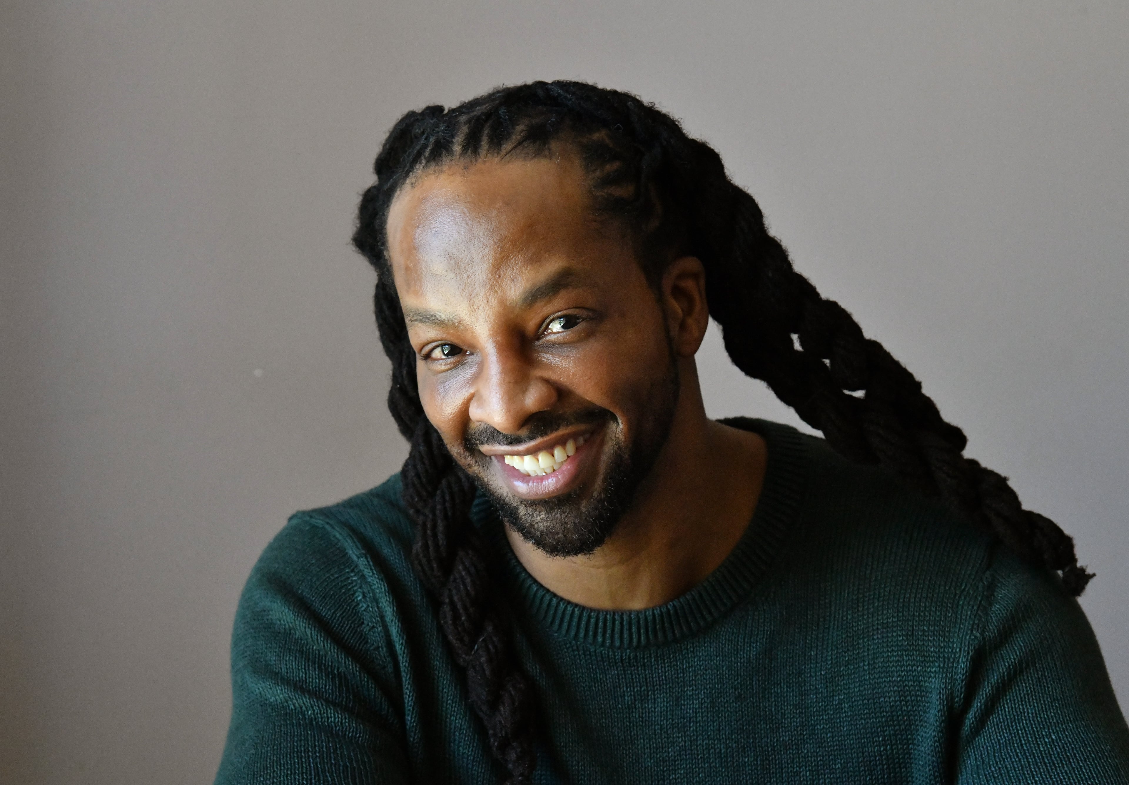 Portrait of Jericho Brown, Charles Howard Candler Professor of English and Creative Writing, at Emory University, Tuesday, February 6, 2024, in Atlanta. Jericho Brown is one of contemporary literature’s most acclaimed poets. In 2019, his third book, “The Tradition”, won him the 2020 Pulitzer Prize for Poetry. Along with the Pulitzer, he has won a Whiting Award, a Guggenheim Fellowship, an American Book Award, and was the inaugural winner of the Anisfield-Wolf Book Award for poetry. (Hyosub Shin/AJC)