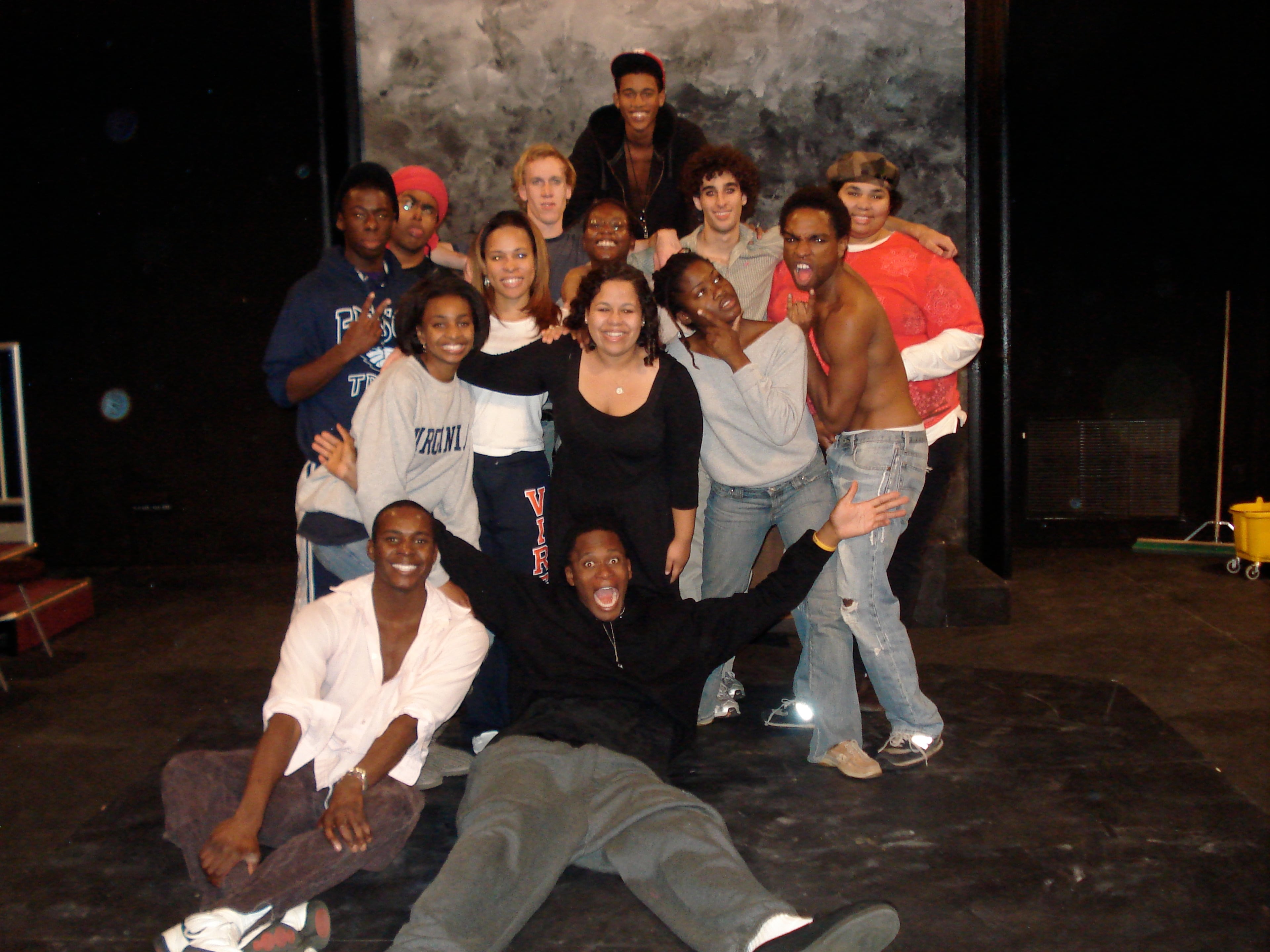The cast of the University of Virginia's production of "A Day of Absence" (a satirical play by Douglas Turner Award), ahead of dress rehearsals during fall 2008. The play — with a majority Black cast — tackles what would happen to society if all Black people disappeared for the day. Directed by UVA Professor Theresa M. Davis. (Courtesy of Brooke Leigh Howard)