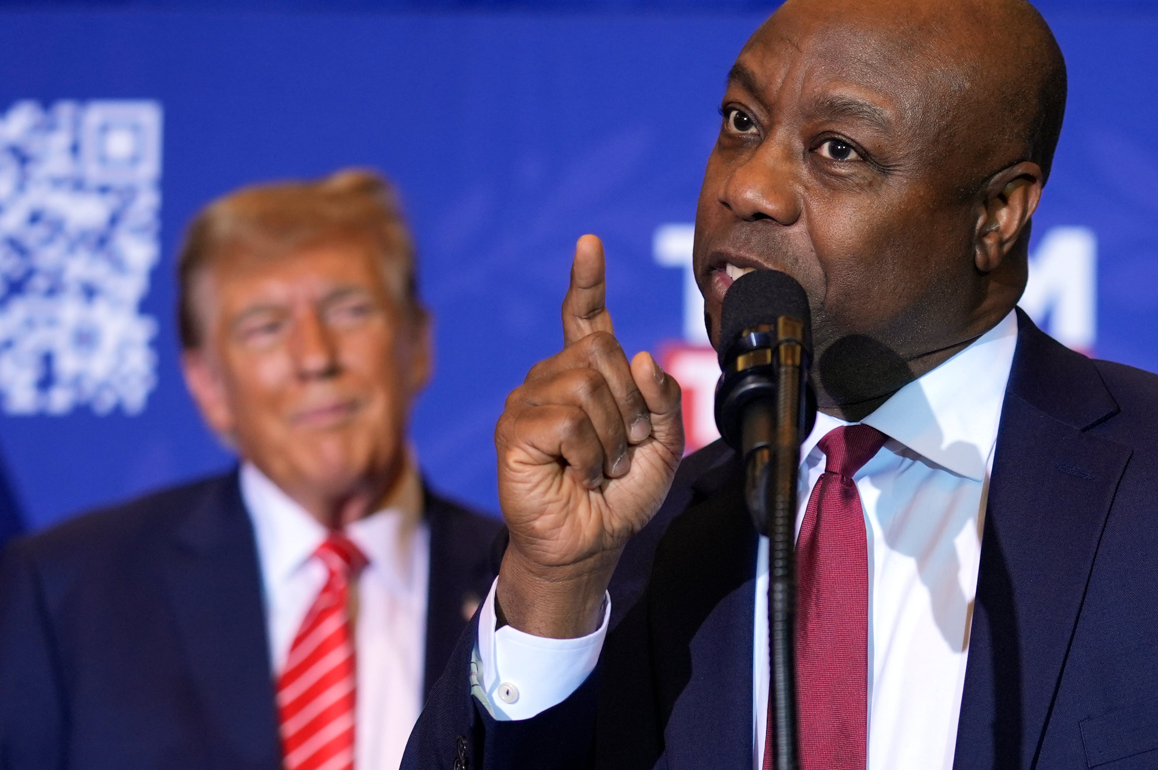 Sen. Tim Scott, R-S.C., speaks during a campaign event for then-Republican presidential candidate former President Donald Trump in Concord, N.H., on Jan. 19, 2024. (Matt Rourke/AP)