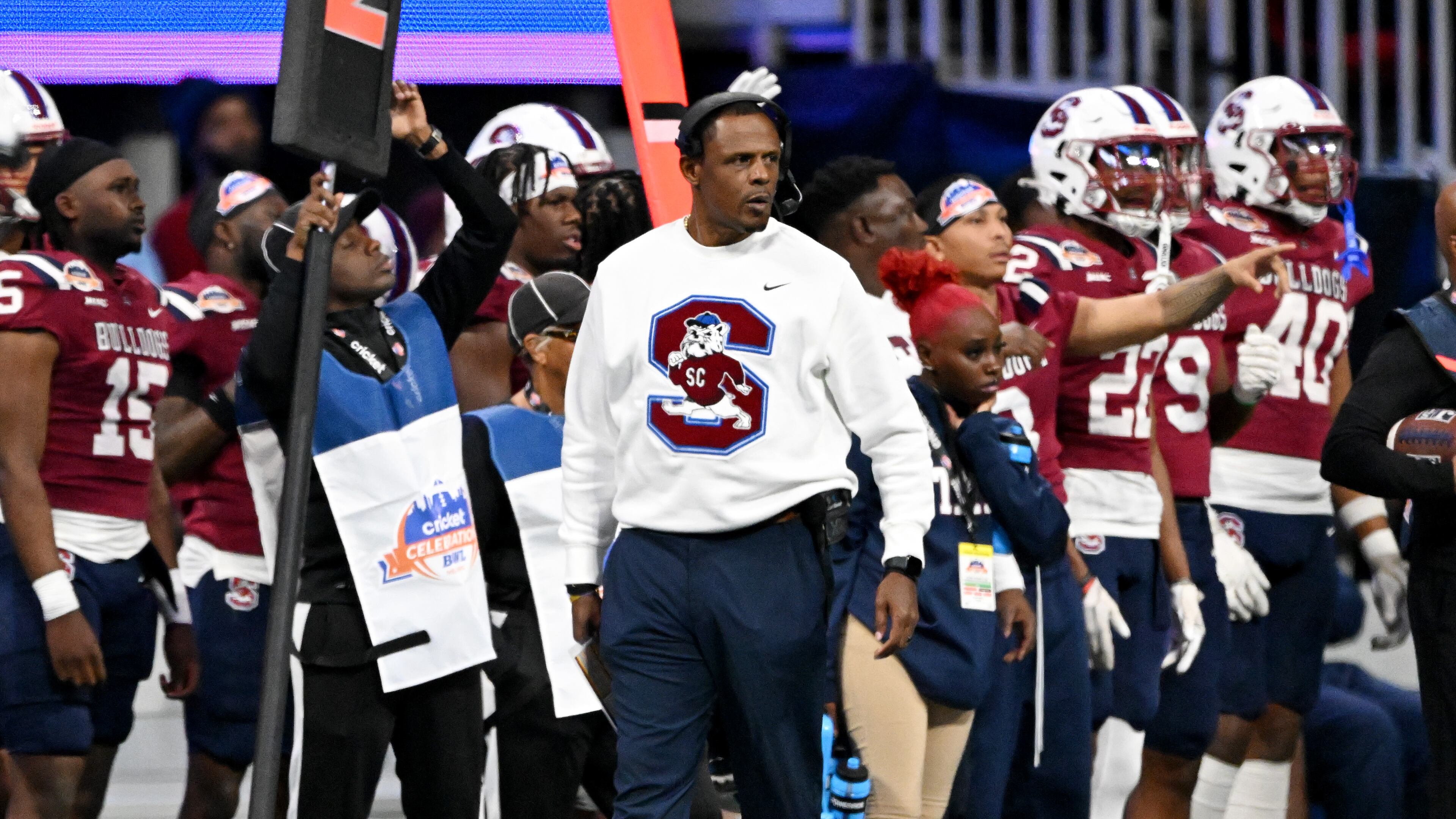 South Carolina State head coach Chennis Berry paces the sideline during the second half of the 2024 Cricket Celebration Bowl. Jackson State won 28-7. (Hyosub Shin/AJC 2024)