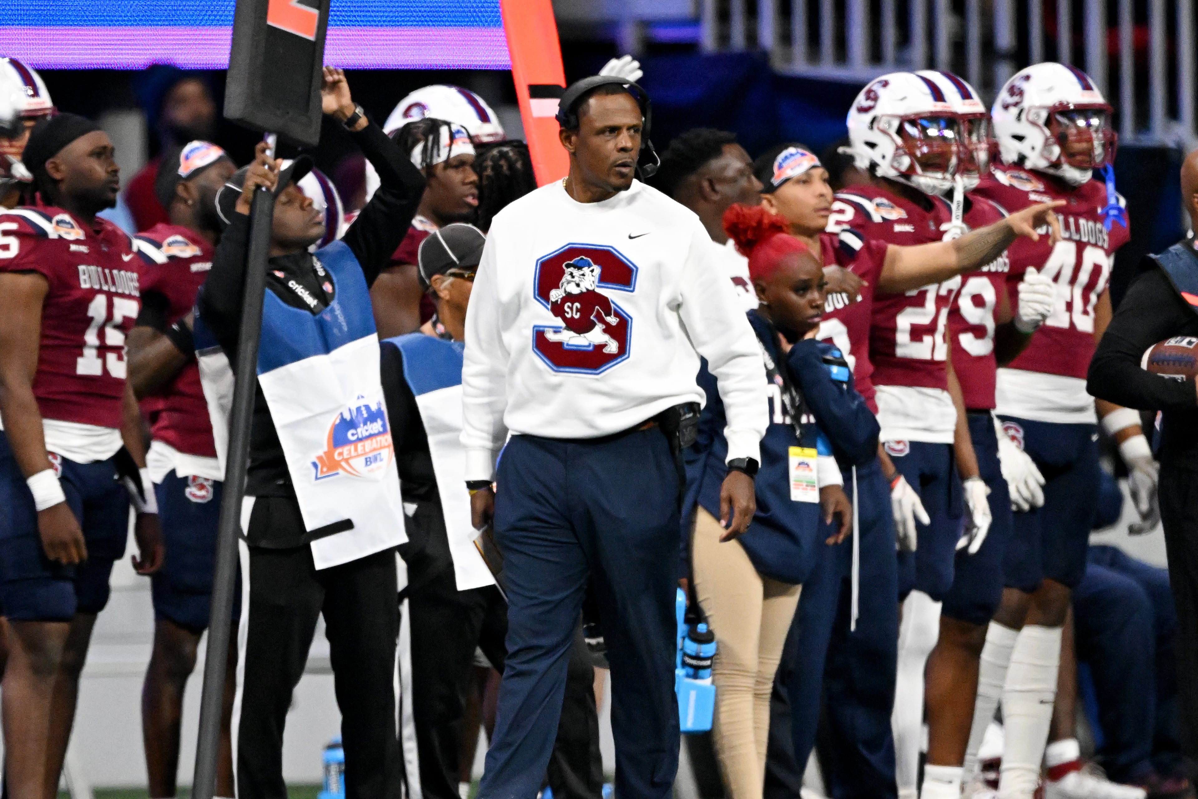 South Carolina State head coach Chennis Berry paces the sideline during the second half of the 2024 Cricket Celebration Bowl. Jackson State won 28-7. (Hyosub Shin/AJC 2024)