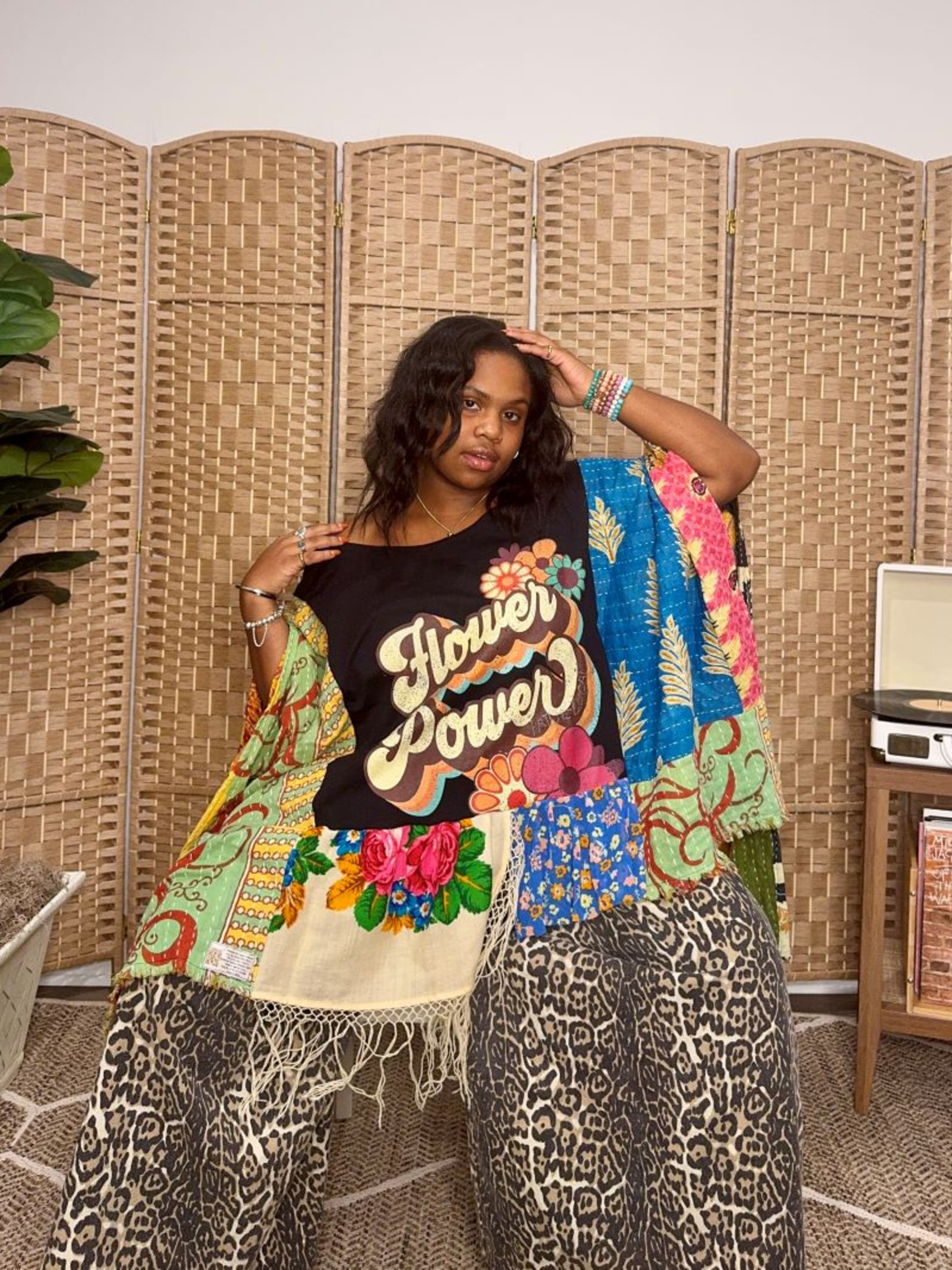 Acworth-based fashion designer Sierra Bray wears garments from Patched Gal, her thrifty, upcycled clothing line she founded in 2022 (Courtesy of Patched Gal).