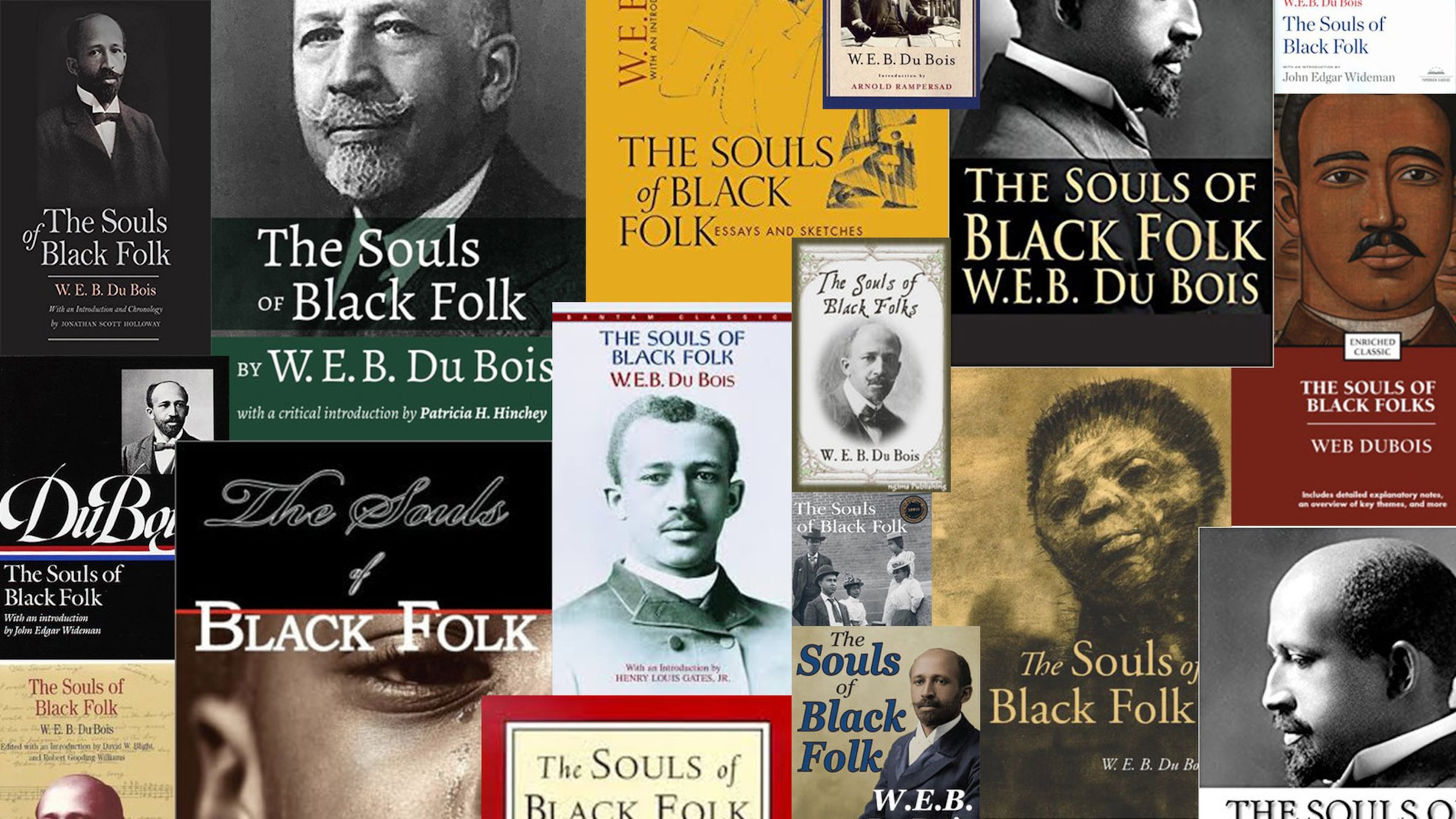Photo illustration of various editions of W.E.B. DuBois’ “The Souls of Black Folk,” first published in 1903. The book’s first chapter coins the term “double-consciousness,” which DuBois defined as the “sense of always looking at one’s self through the eyes of others.” (Pete Corson/AJC)