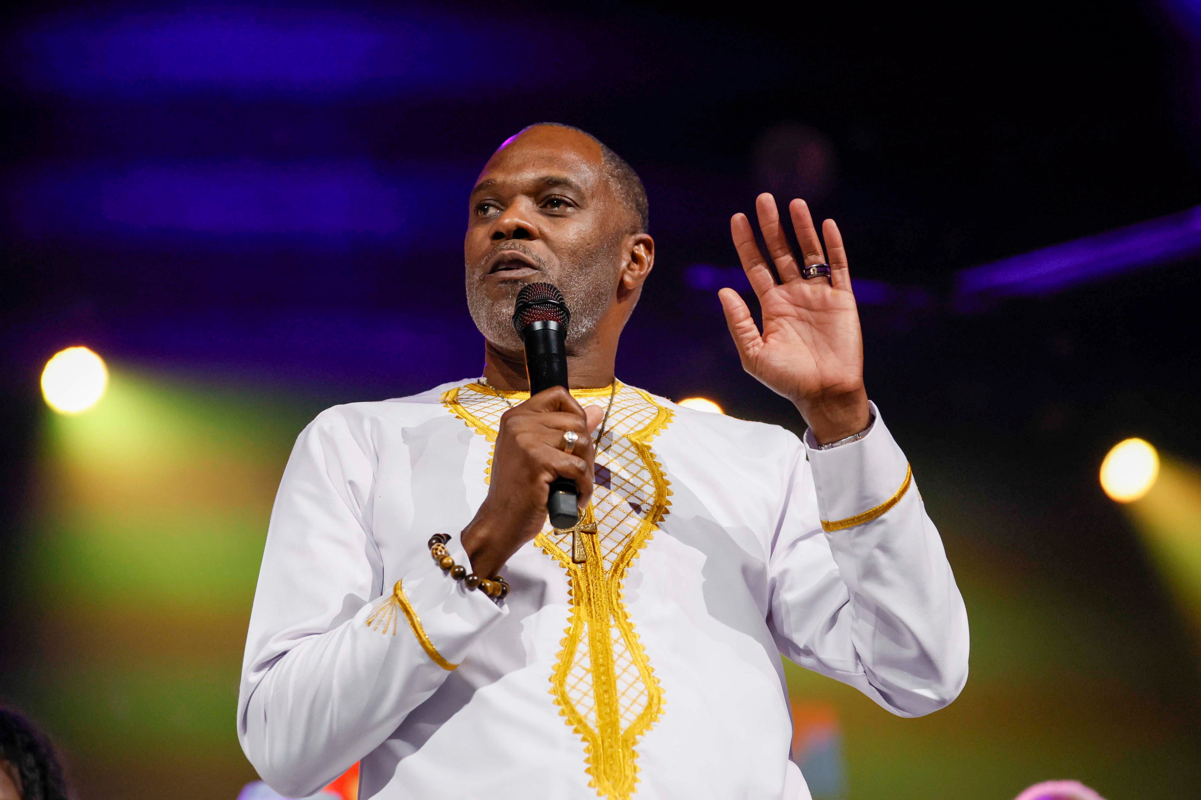 Bishop Craig Oliver Sr. addressed the congregation during the ceremonies commemorating his 30th pastoral anniversary at Elizabeth Baptist Church on Sunday, June 8, 2025. (Miguel Martinez/AJC)