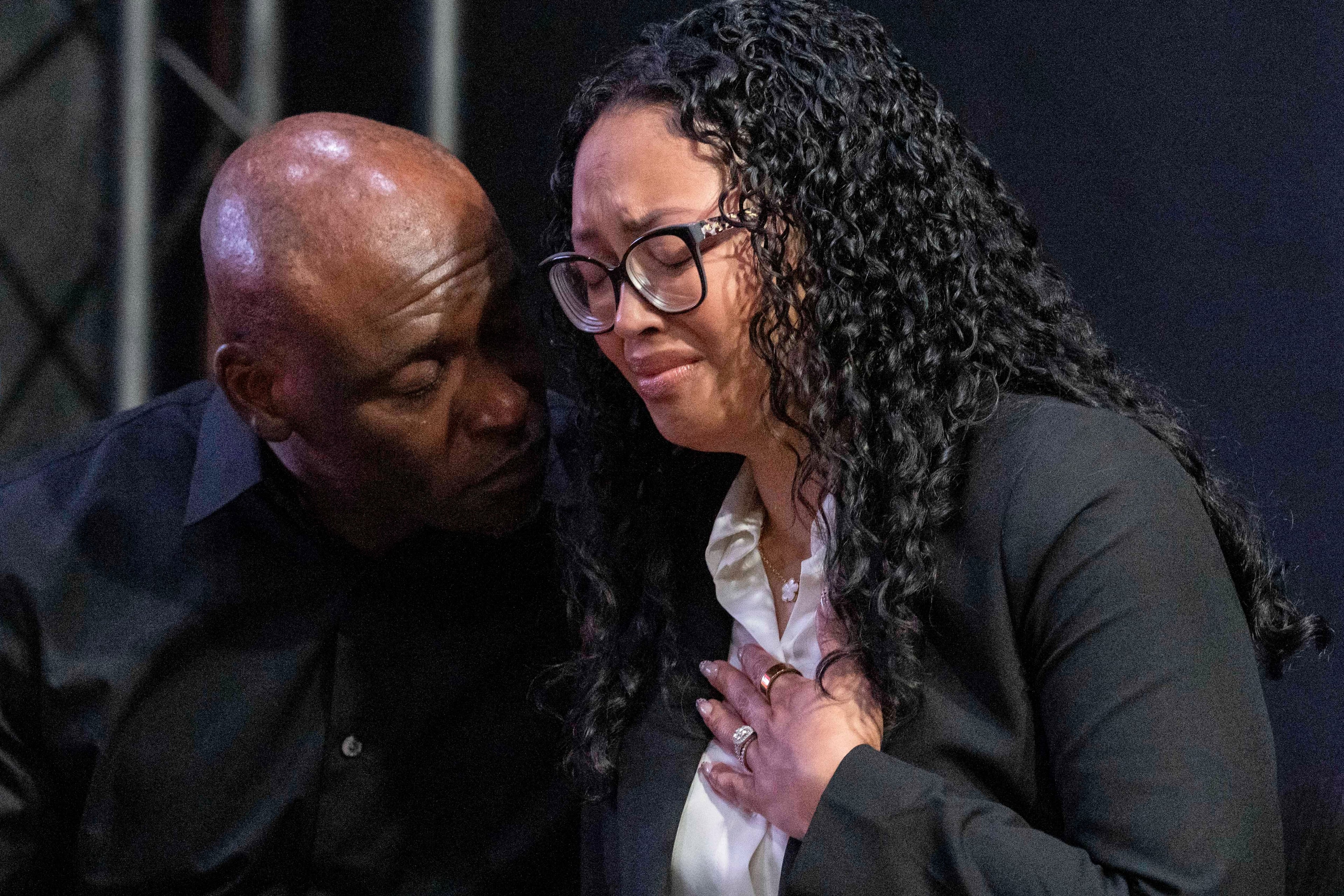 Christine and Elmore Wonsley, parents of Nolan Xavier Wells, react during a news conference at National Action Network headquarters, Friday, July 10, 2026, in New York. (Yuki Iwamura/AP)