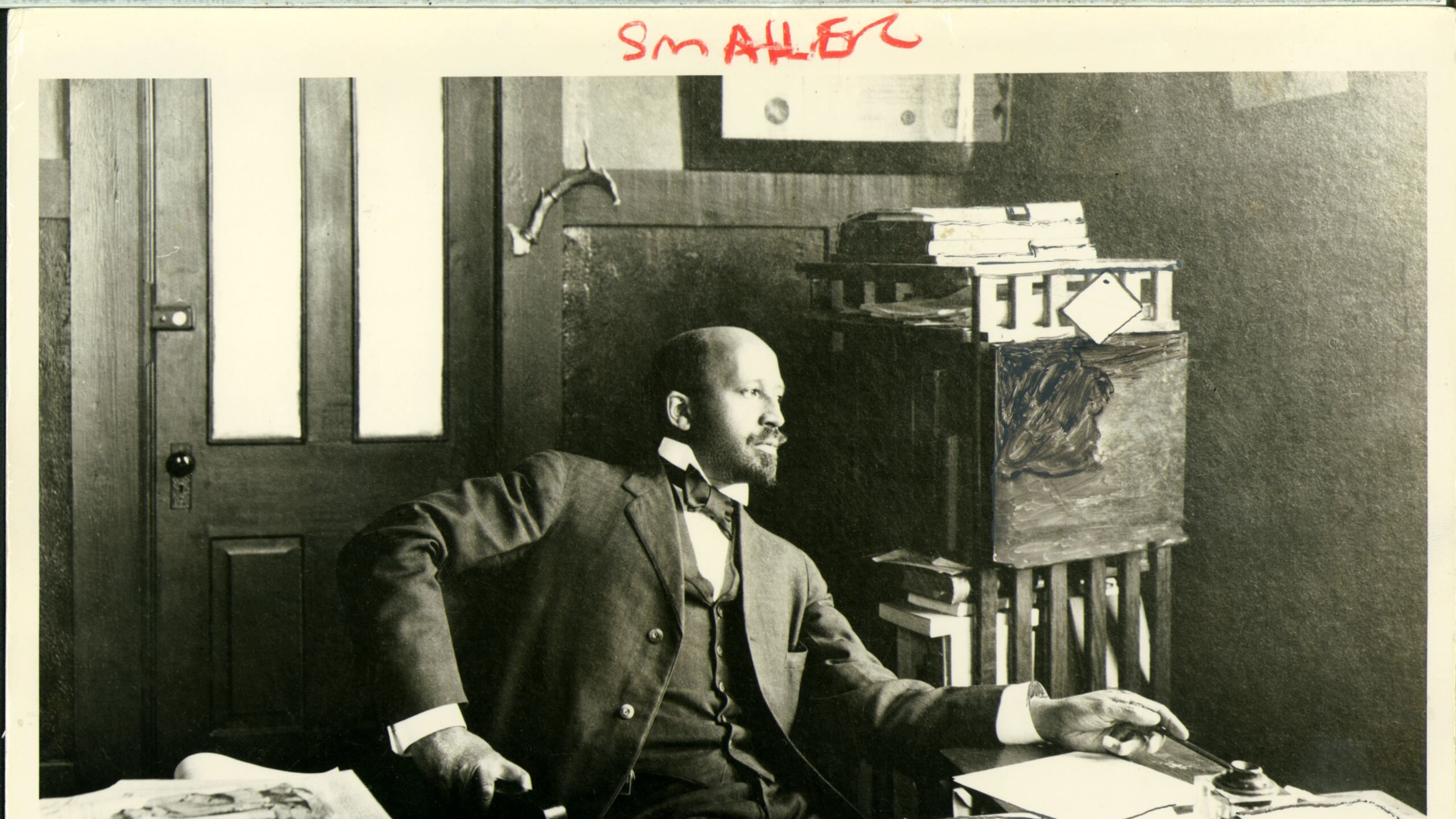 W.E.B. Du Bois seated at desk in office at Atlanta University in 1909. Du Bois came to Atlanta in 1897 to establish himself as a sociologist and scholar at the university, where we worked until 1910 and later from 1934-44. (Courtesy of Special Collections and University Archives, University of Massachusetts Amherst Libraries)